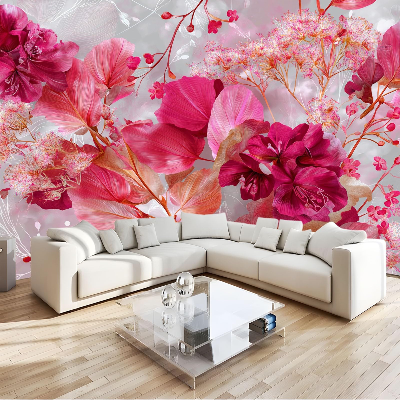 Panoramiczna tapeta w stylu boho (Boho) romantyczna bujne kwiaty liście ciemnoróżowa 200 x 140 cm - nowoczesny gobelin ścienny z włókniny do salonu, sypialni lub pokoju dziecięcego
