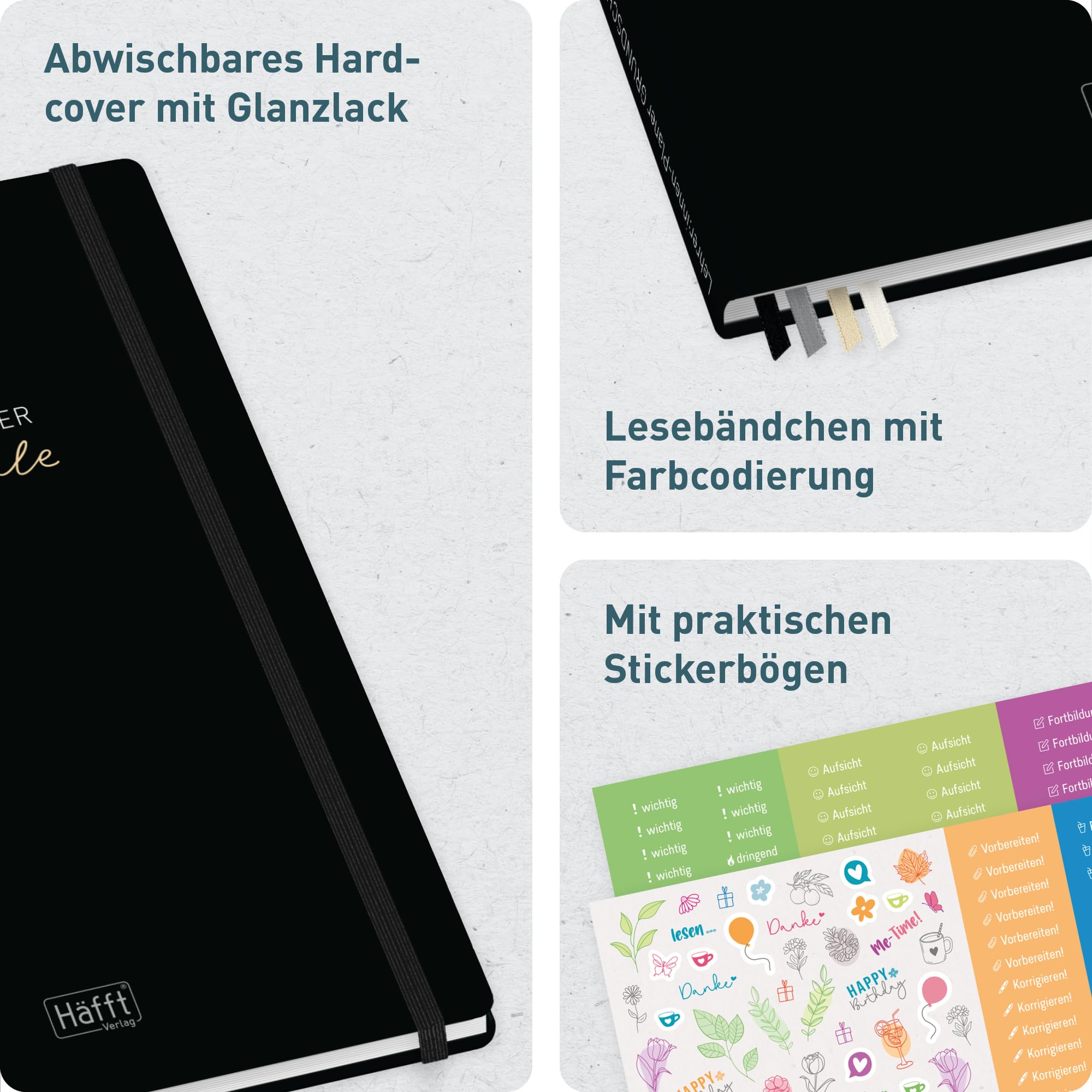 Häfft® Lehrerplaner Grundschule 2026/2027 im A4+ Format Hardcover - Schuljahr 12 Monate (Aug 26 - Jul 27) Lehrerkalender & Unterrichtsplaner für Klasse 1–4 "Black Edition"