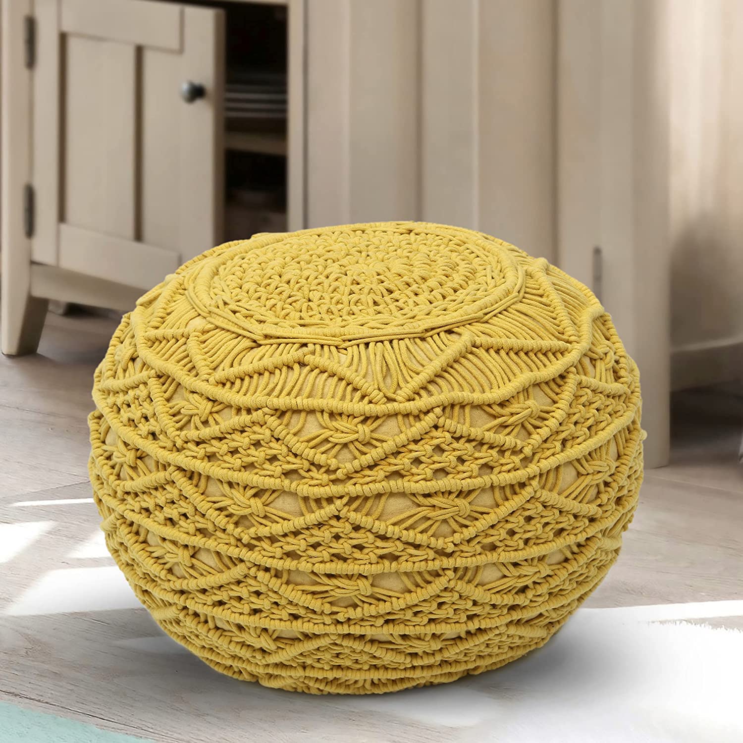 100% Cotton Hand Knitted Yellow Color Round Macram� Pouf Ottoman, Foot Stool for Home D�cor of Bedroom, Hall, Living Room 40x40x40 cm Pack of 1-image-32