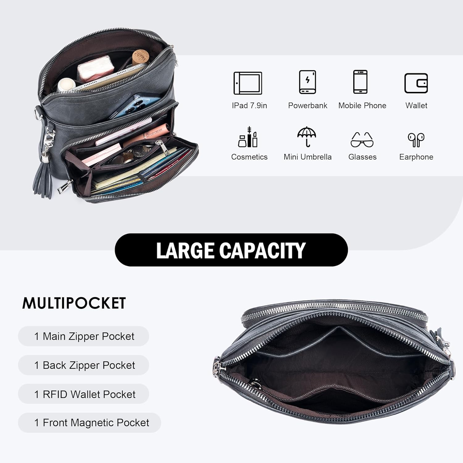 Roulens Crossbody Purse for Women Vegan Leather Medium Crossbody Wallet Bag for Travel Women Shoulder Handbags with Tassel - Image 4