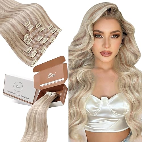 Hetto Blonde Clip in Hair Extensions Real Human Hair Ash