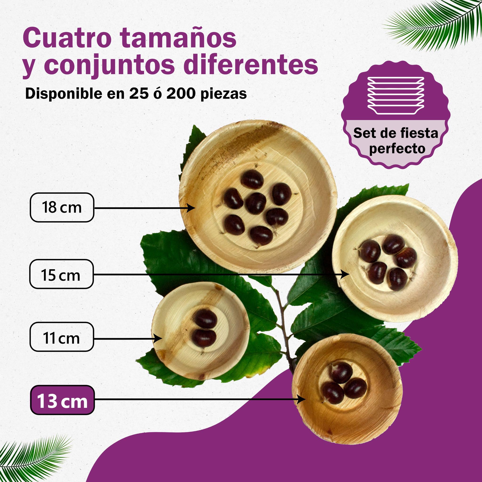 Vajilla Desechable de Hoja de Palma Orgánicos - 25 Platos Cuadrados 25x25 cm y 25 Cunecos Ø 13 cm/ 275