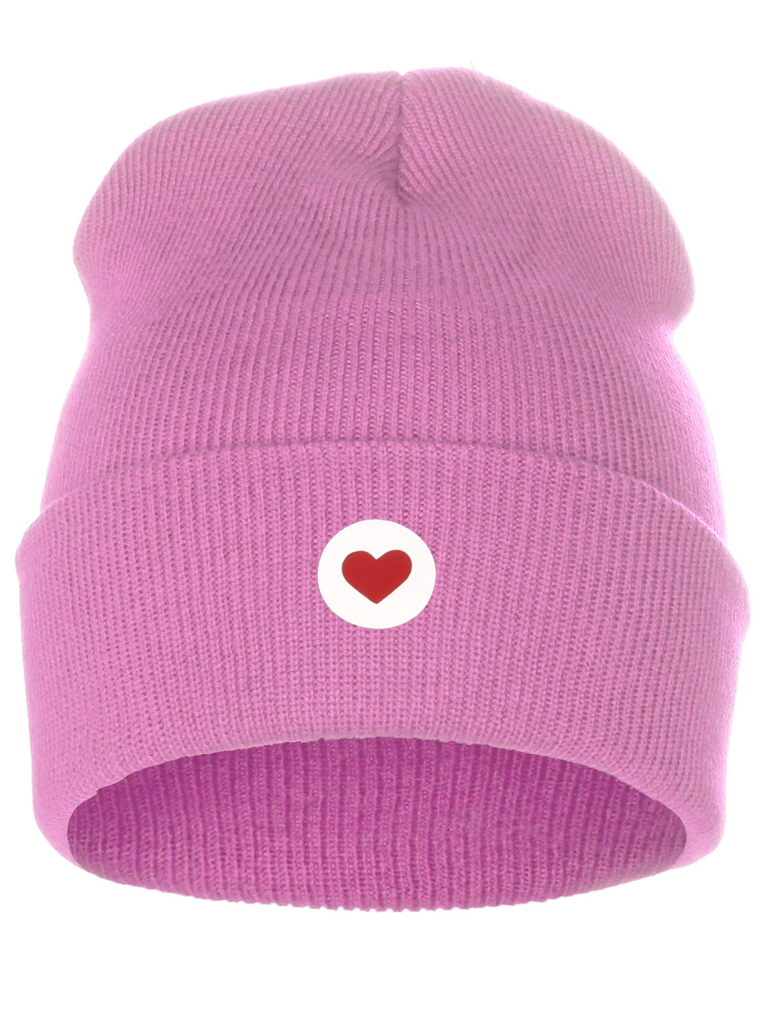 I&W Classic Winter Cuffed Beanie Knit Hat Love or Broken Heart Logo (Pink Beanie, White Red Love Heart)