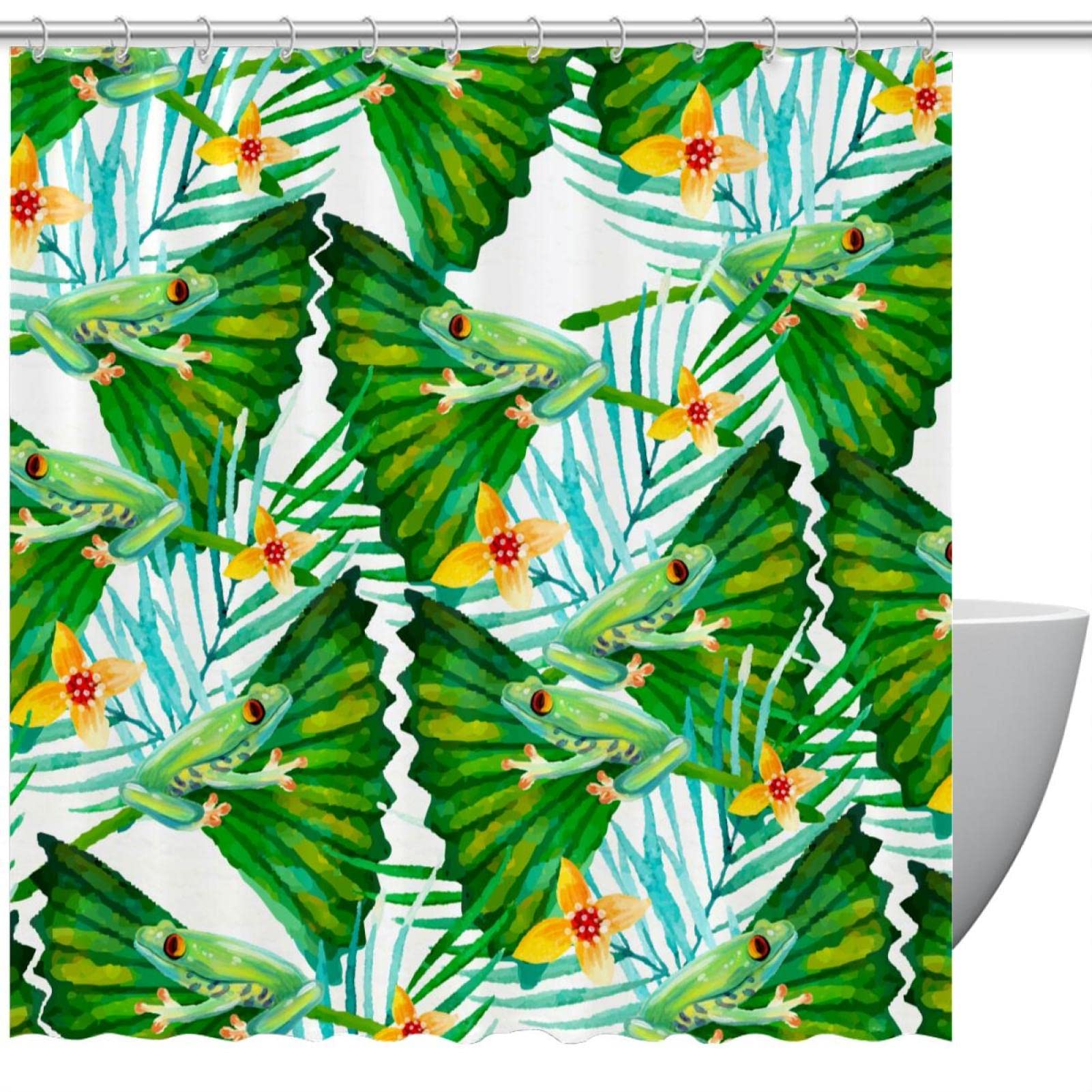 Rideau de douche motif fleurs grenouilles anti-moisissure grand format 168x183