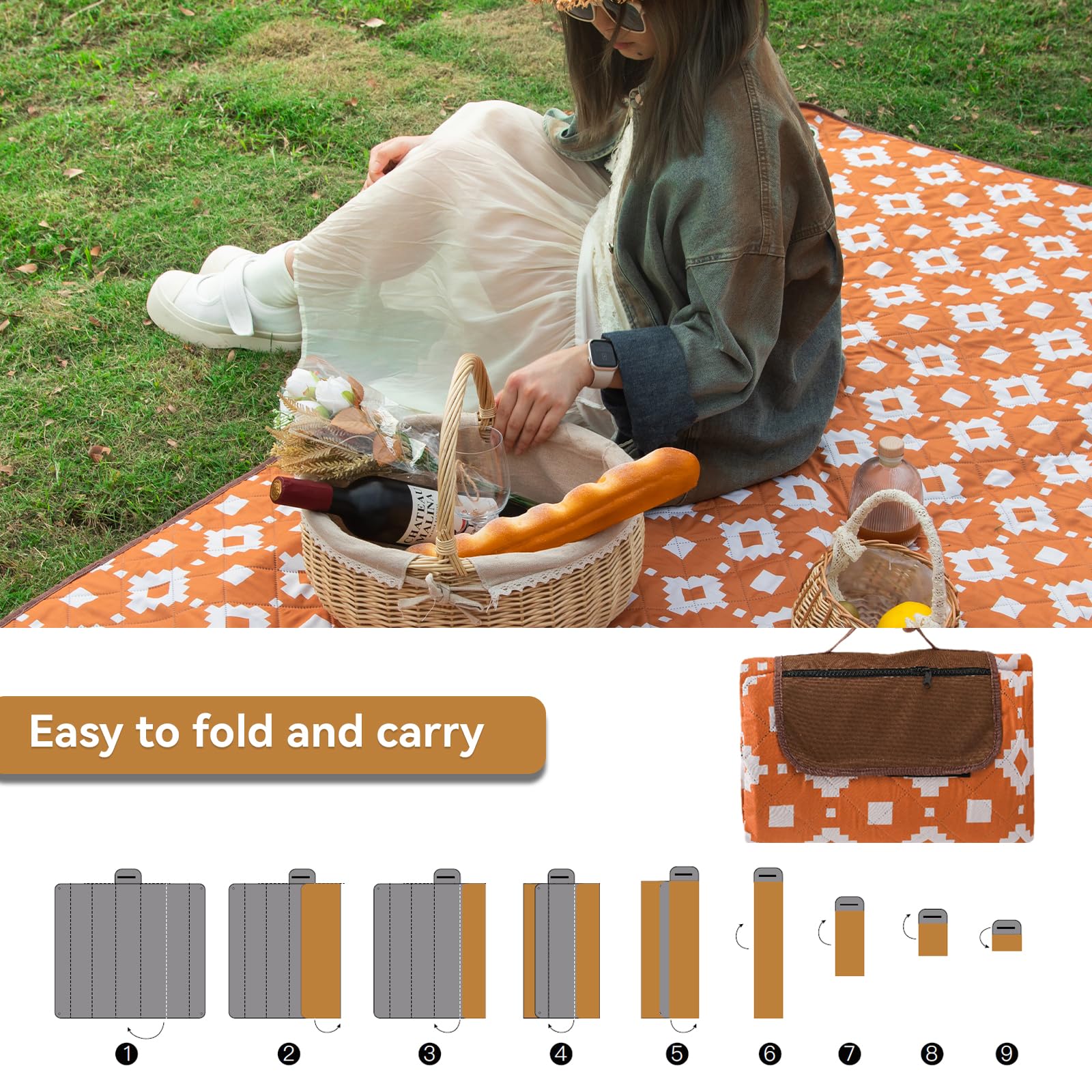 OESSUF Manta de Picnic Impermeable 200x200, Extra Grande Libre de Arena Manta de Playa portátil Lavable a máquina almacenable Plegable Camping Caramelo