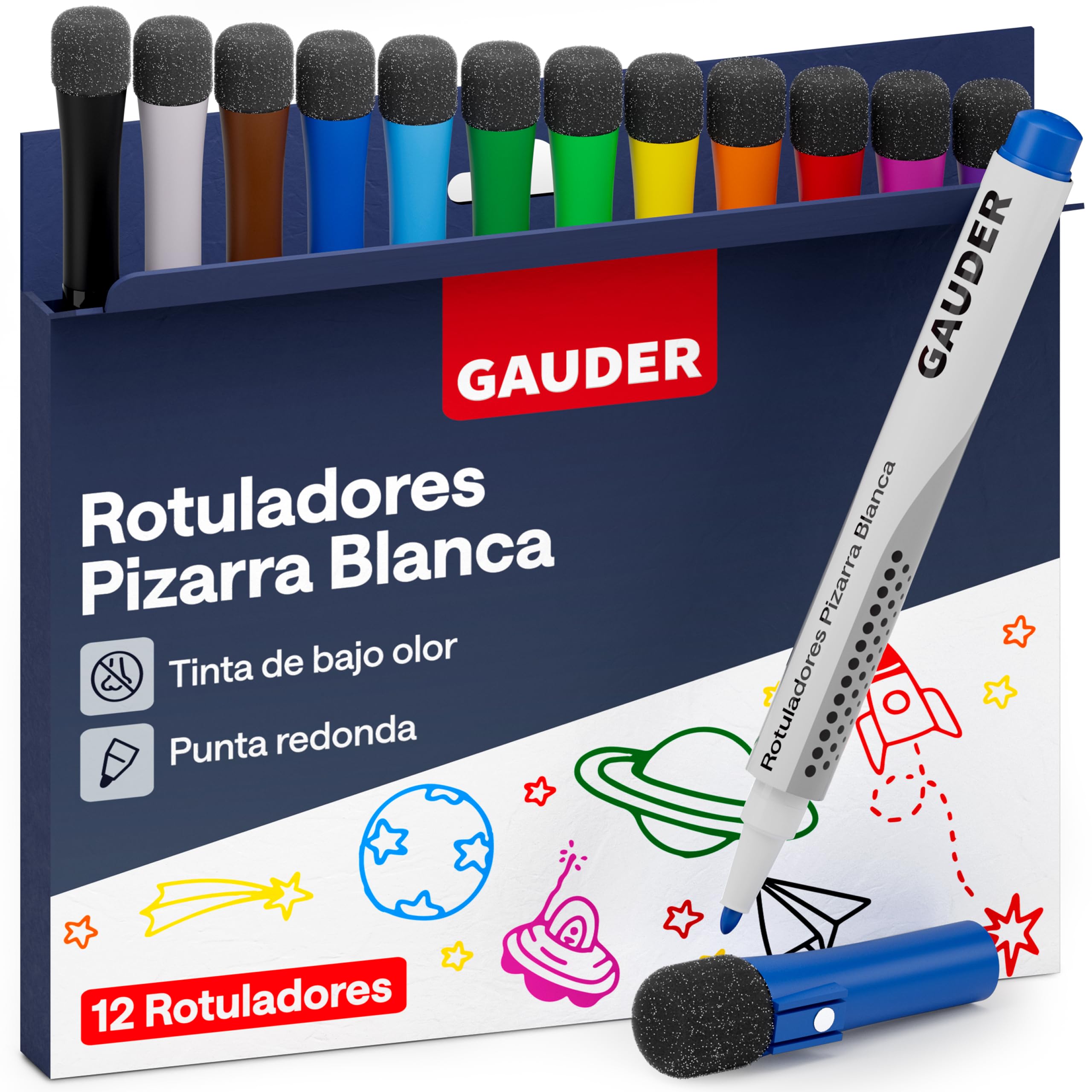 GAUDER Whiteboard Marker Set (12 Pieces - 12 Colours) | Dry Erasable Without Residue | Erasable Markers with Sponge Ideal for Whiteboards and Magnetic Boards