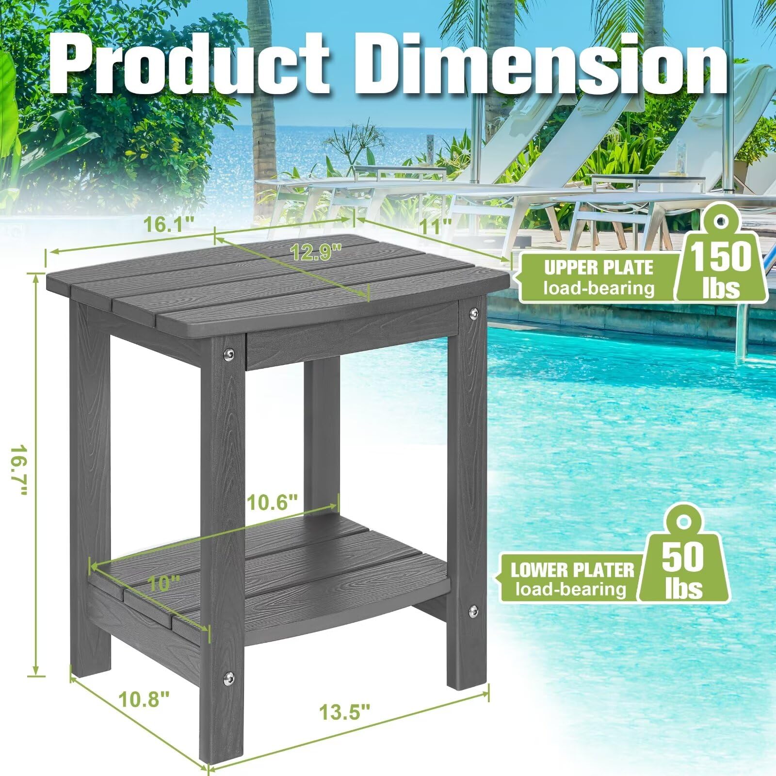 HIPS Adirondack - Mesa auxiliar para exteriores, pequeña de doble capa, impermeable, cuadrada, balcón, mesas auxiliares modernas para patio, piscina, playa, porche, cubierta, uso en interiores o 2