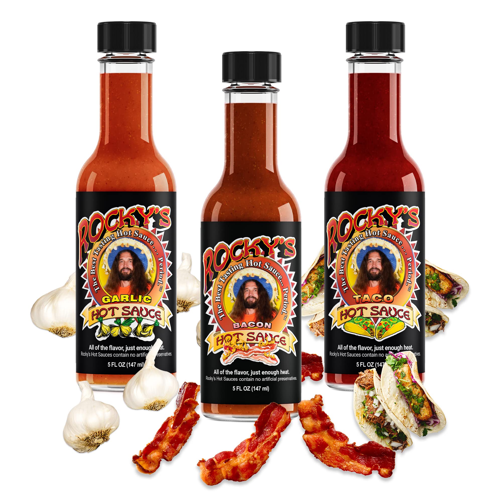 Rocky's 3 Pack! Bacon - Garlic - Taco – Gourmet Red Chili Sauce with Perfectly Balanced Heat – Great Hot Sauce Gift and Wing Sauce - 5 oz (3 pack)