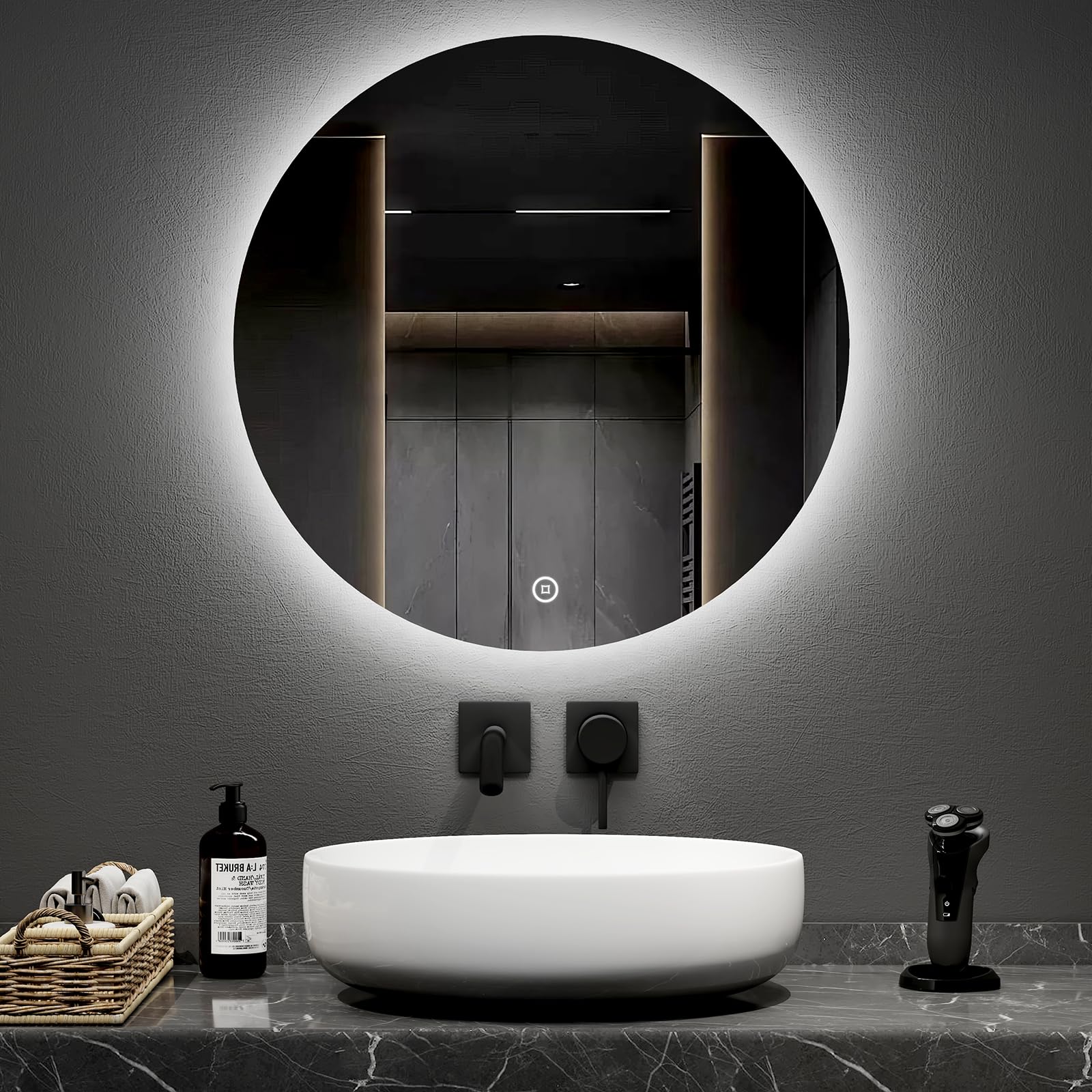 EMKE 60cm Round Bathroom Mirror with LED Lights, Touch Switch, Dimmable