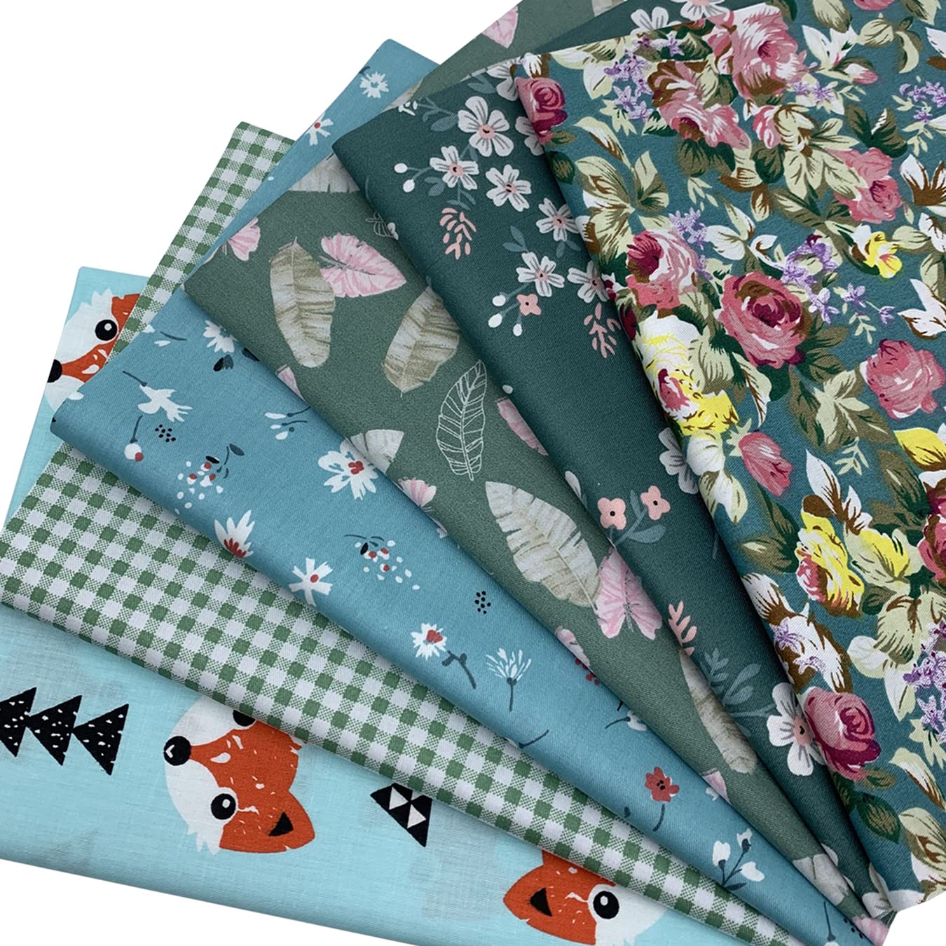 UOOOM 6pcs 50 x 50cm Patchwork Cotton Fabric DIY Handmade Sewing Quilting Fabric Different Designs (Blue Green) - Image 2
