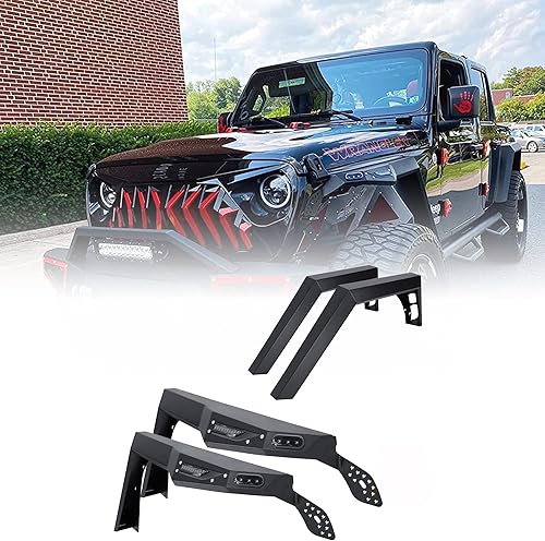 WOLFSTORM Guardabarros de acero para Jeep Wrangler JL 2018-2023 de 4 puertas2 puertas, luces LED DRL y luces de giro LED secuenciales, accesorios