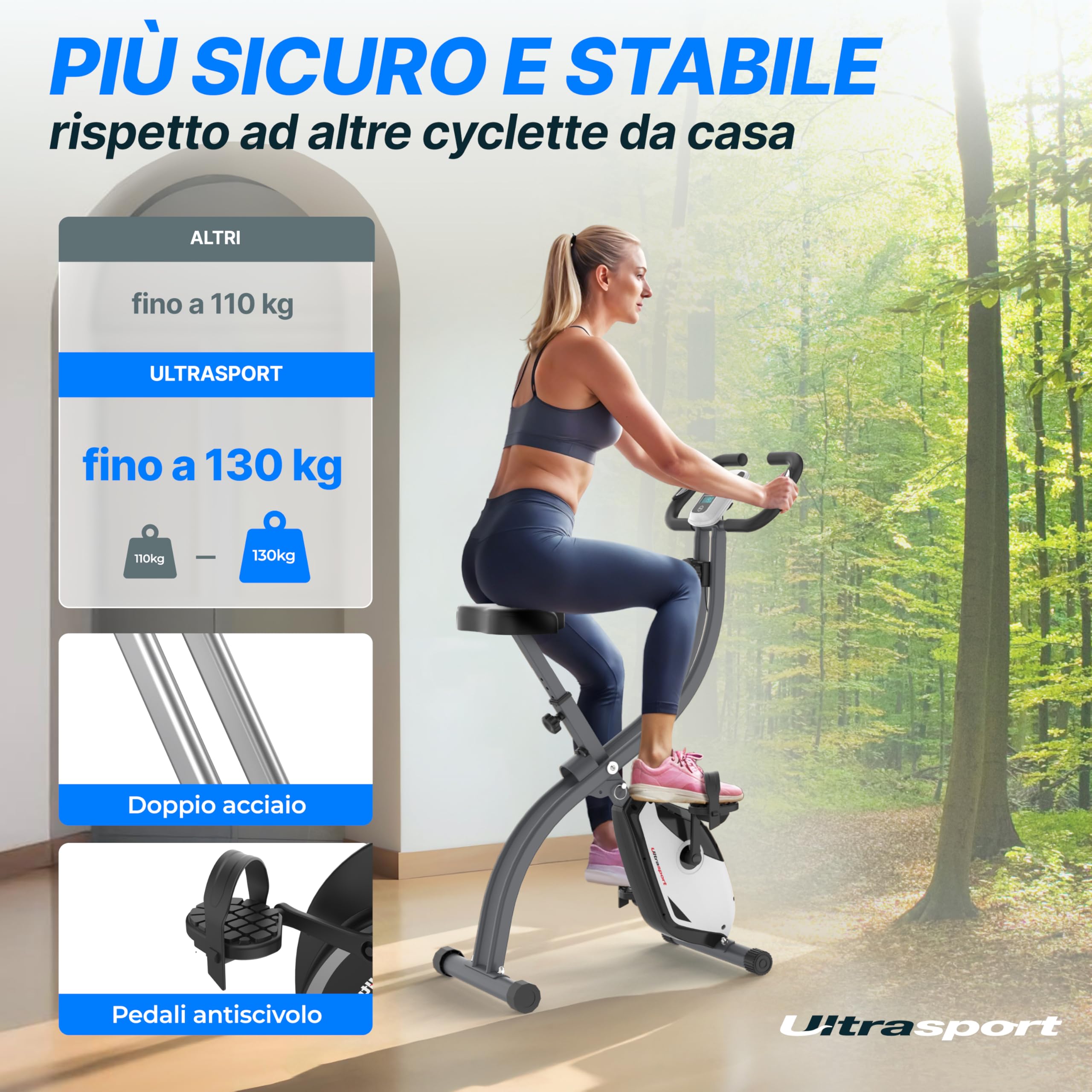 Ultrasport F-Bike Cyclette da Casa Pieghevole I Cyclette Pieghevole da Casa fino a 130 KG con Sella Extra Confortevole, LCD Display e Sensori delle Pulsazioni, Cyclette da Camera
