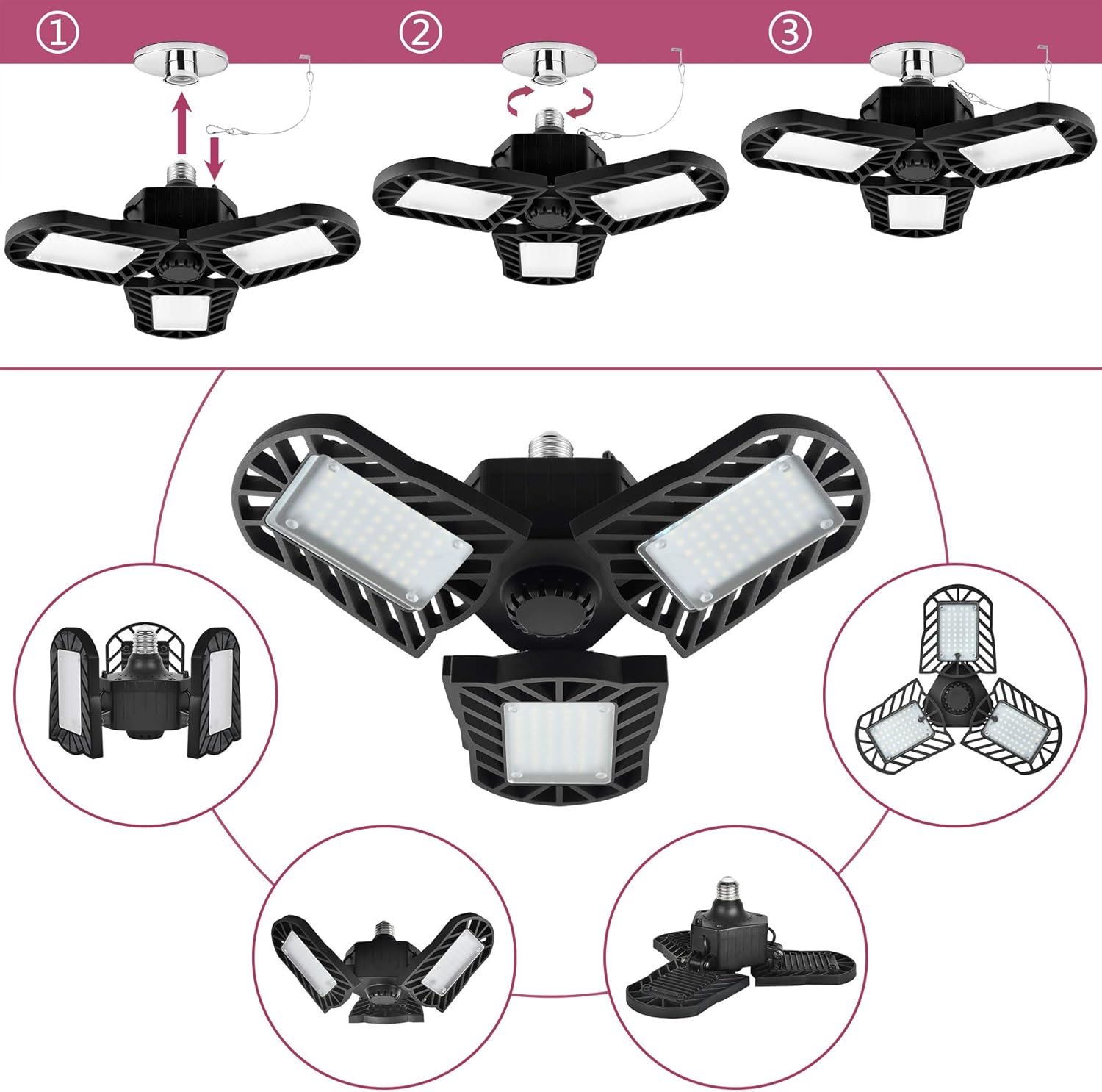 Buу 1 gеt 1 LED Garage Light E26 Screw Base,Hansang 60W Deformable LED Lamp 6000K Daylight 6000LM LED Shop Light,Adjustable Aluminum Panels 360 Degree for Shop,Barn,Warehouse (NO MotionActivated)