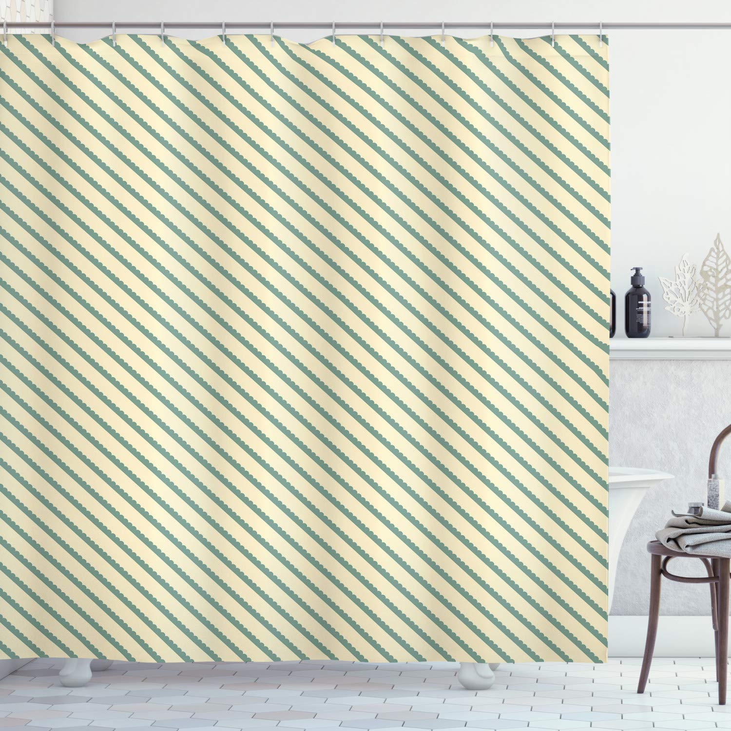 ABAKUHAUS Zasłona prysznicowa w stylu retro, bias zielone paski, zestaw dekoracji łazienki, z nawiasami, 175 x 200 cm, jade green and cream