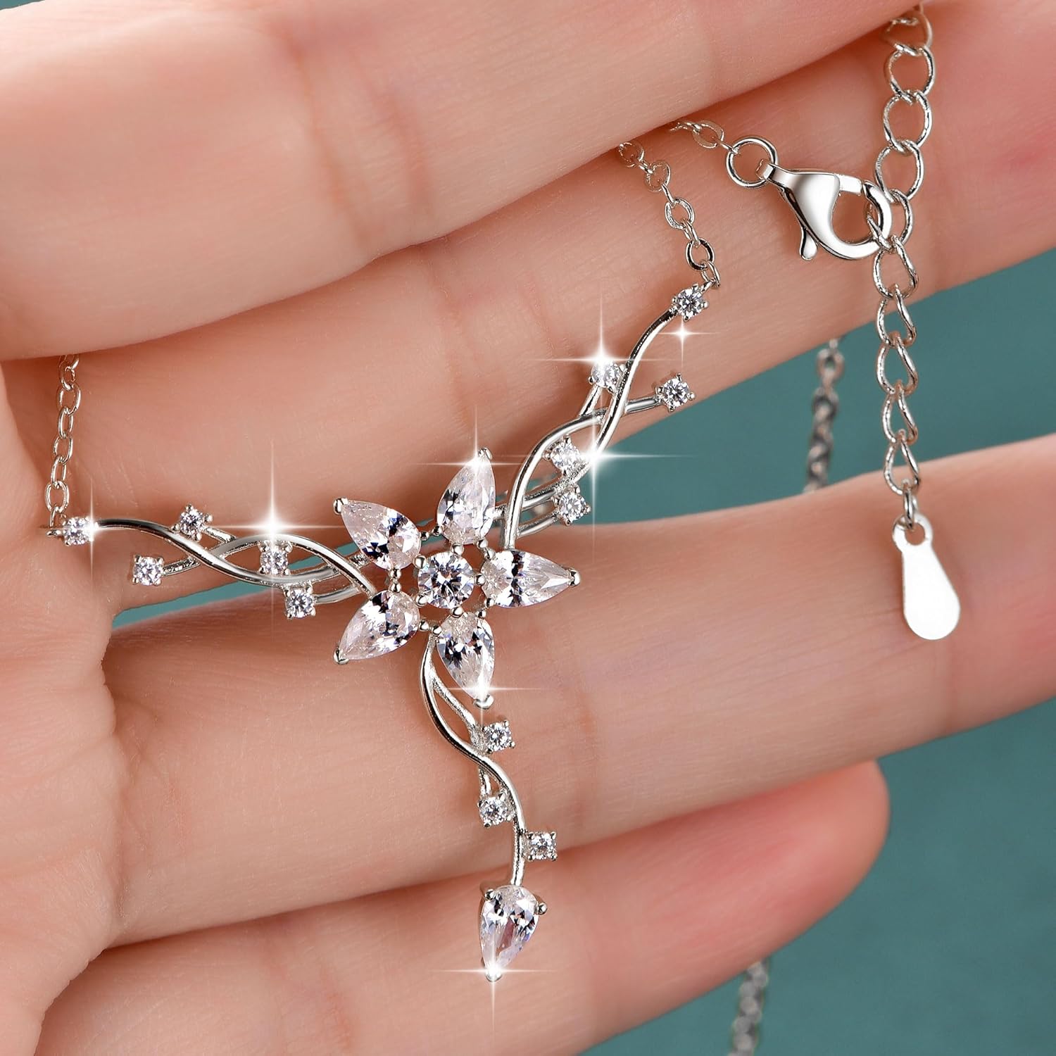 Luminous Floral Cluster Pendant Necklace for Women, 5A Cubic Zirconia 14K Gold Filled Necklace for Women, Teardrop Round-Cut CZ Flower Floral Pendant 18"+2" Adjustable Chain, Trendy Dainty Jewelry Gift Birthday Anniversary Valentine