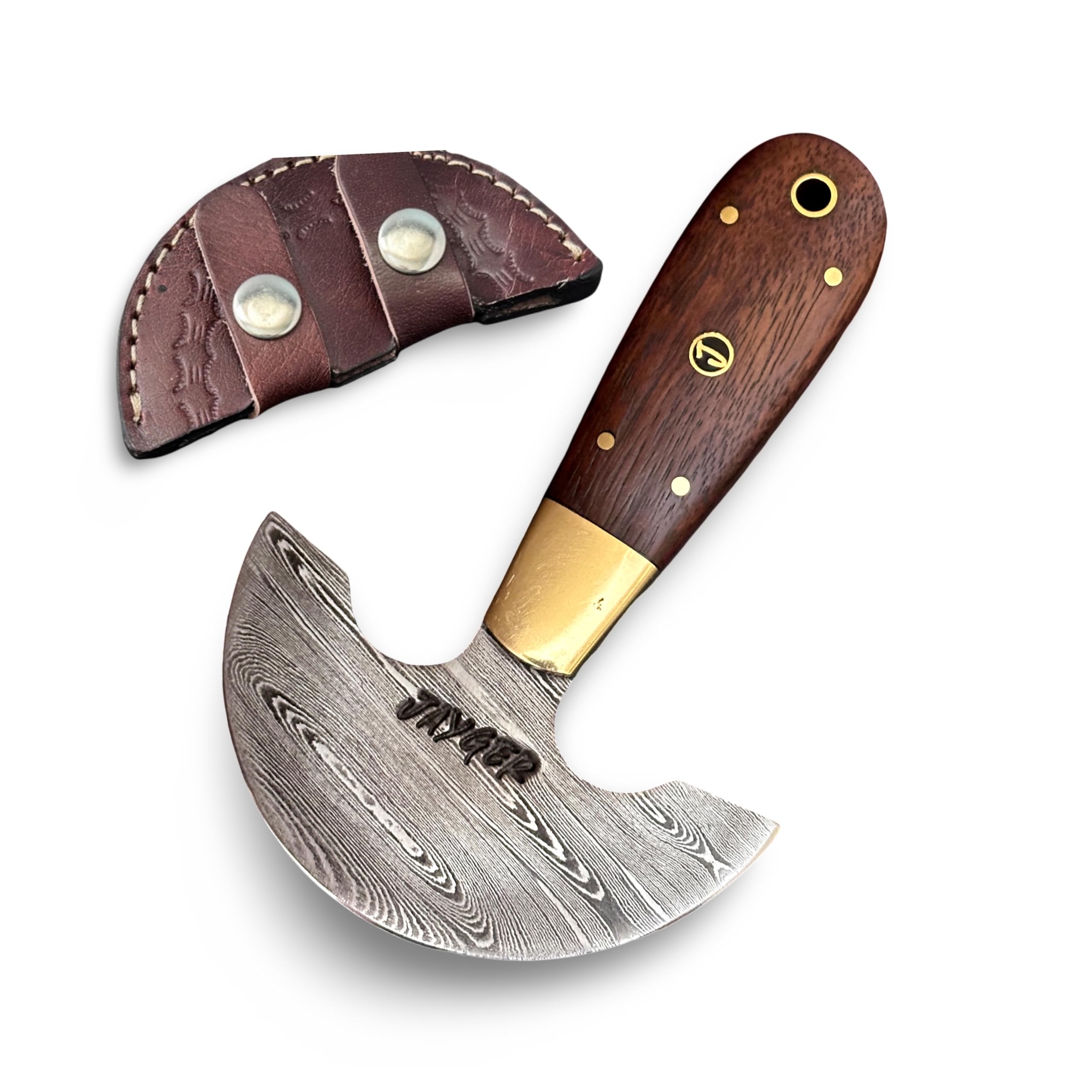Jayger Handmade Damascus Steel Round Head Leather Cutter with Wood Handle - Premium Craftsmanship for Precision Cuts and Durability