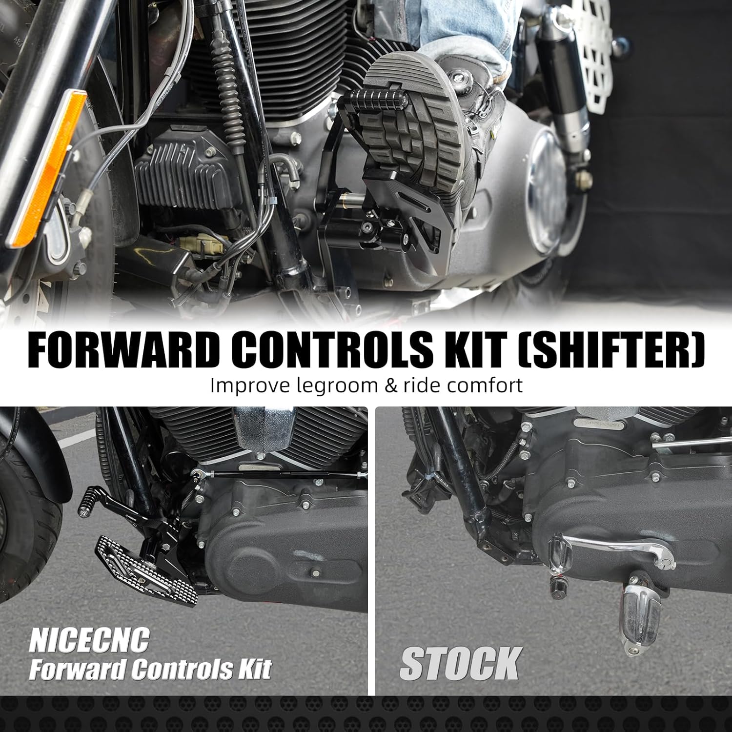 NICECNC Forward Controls Kit Compatible with Harley Dyna 2000-2017 Models (Fat Bob, Low Rider, Street Bob, Wide Glide)，Extend Your Ride for Comfort, Complete Bolt-On Kit with Adjustable Levers, Black