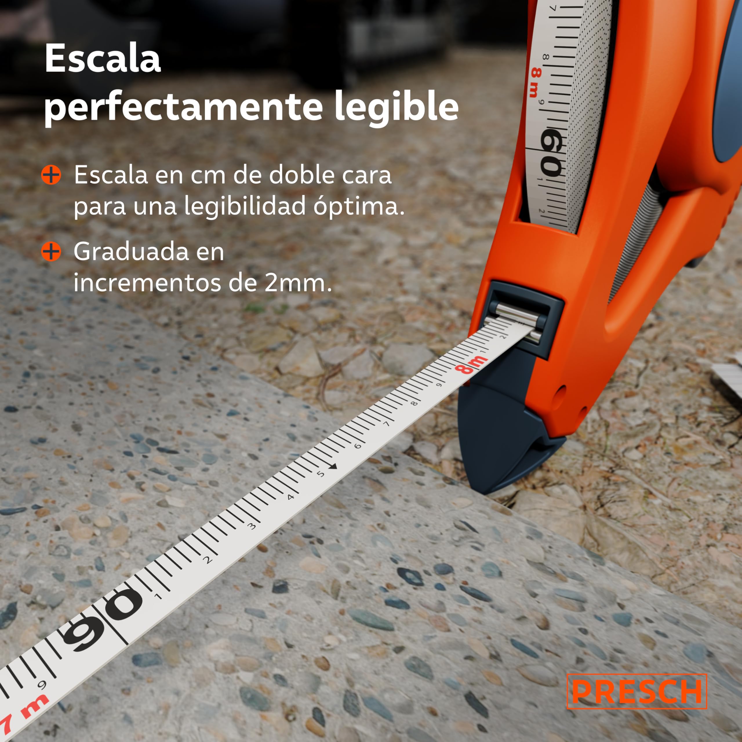 Presch Cinta Métrica 50 metros – Retorno rápido 3:1 – Flexómetro de fibra de vidrio resistente – Bloqueo de manivela para tensión perfecta – Sujeción segura con gancho multifunción