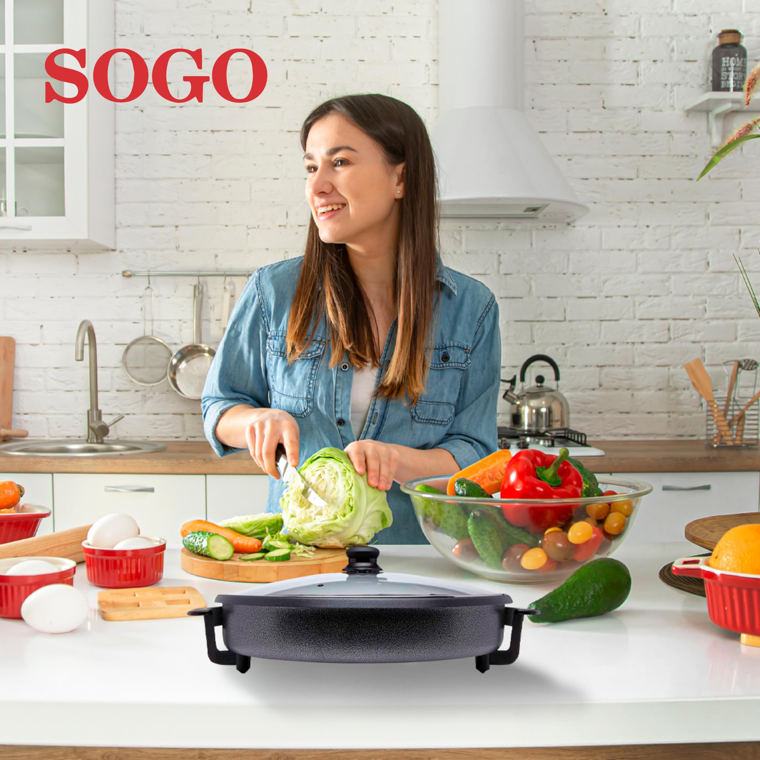 SOGO Padella per paellera elettrica con coperchio in vetro rinforzato e rivestimento antiaderente | Ø interno 42 cm | profondità 4,5 cm | termostato regolabile fino a 240 °C | 1500 W | SENZA PFOA