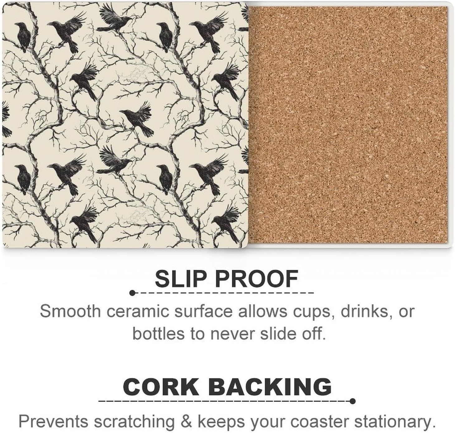 Tree Crows Branches Funny Ceramic Coasters for Drinks Absorbent Cup Holder Tabletop Protector with Cork Base