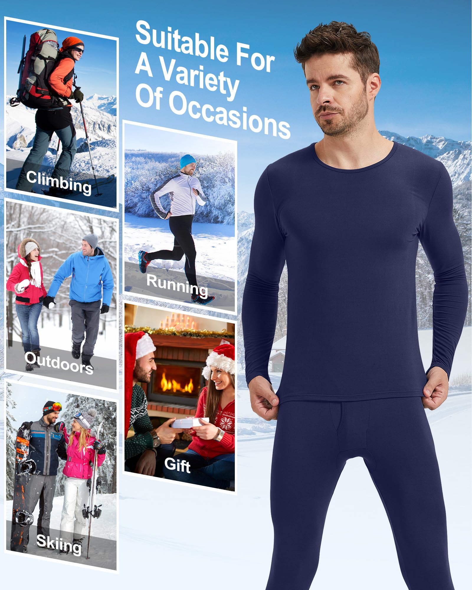 Patelai Lot de 2 sous-vêtements thermiques pour homme - Haut et bas doublés - Pour l'automne et l'hiver