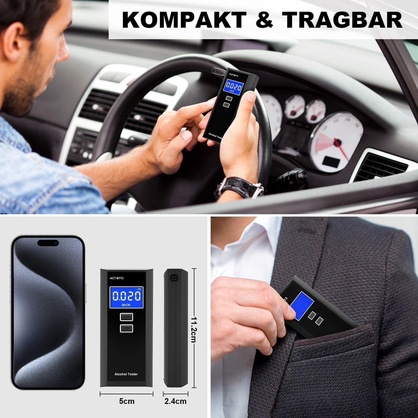 Alkoholtester mit 10 Mundstücken Tragetaschee - Präziser Tragbarer Alkotester, Digitales LCD Alkoholmessgerät, 50 Speicherplätze für Auto & Privat