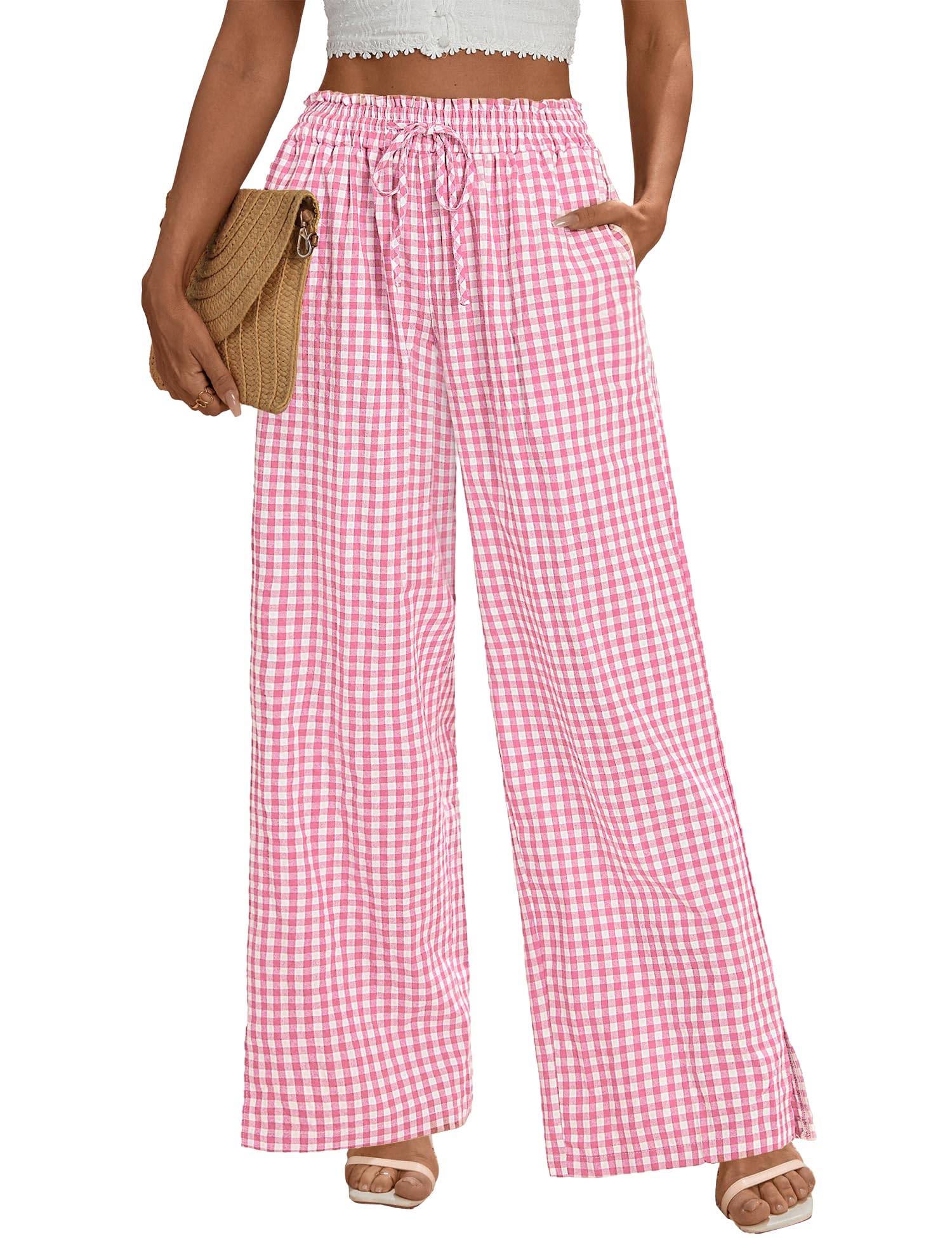 Rapbin Pantalon Palazzo à jambes larges pour femme - Taille haute - Cordon de serrage - Pour l'été et l'automne - Pantalon décontracté et fluide avec poches
