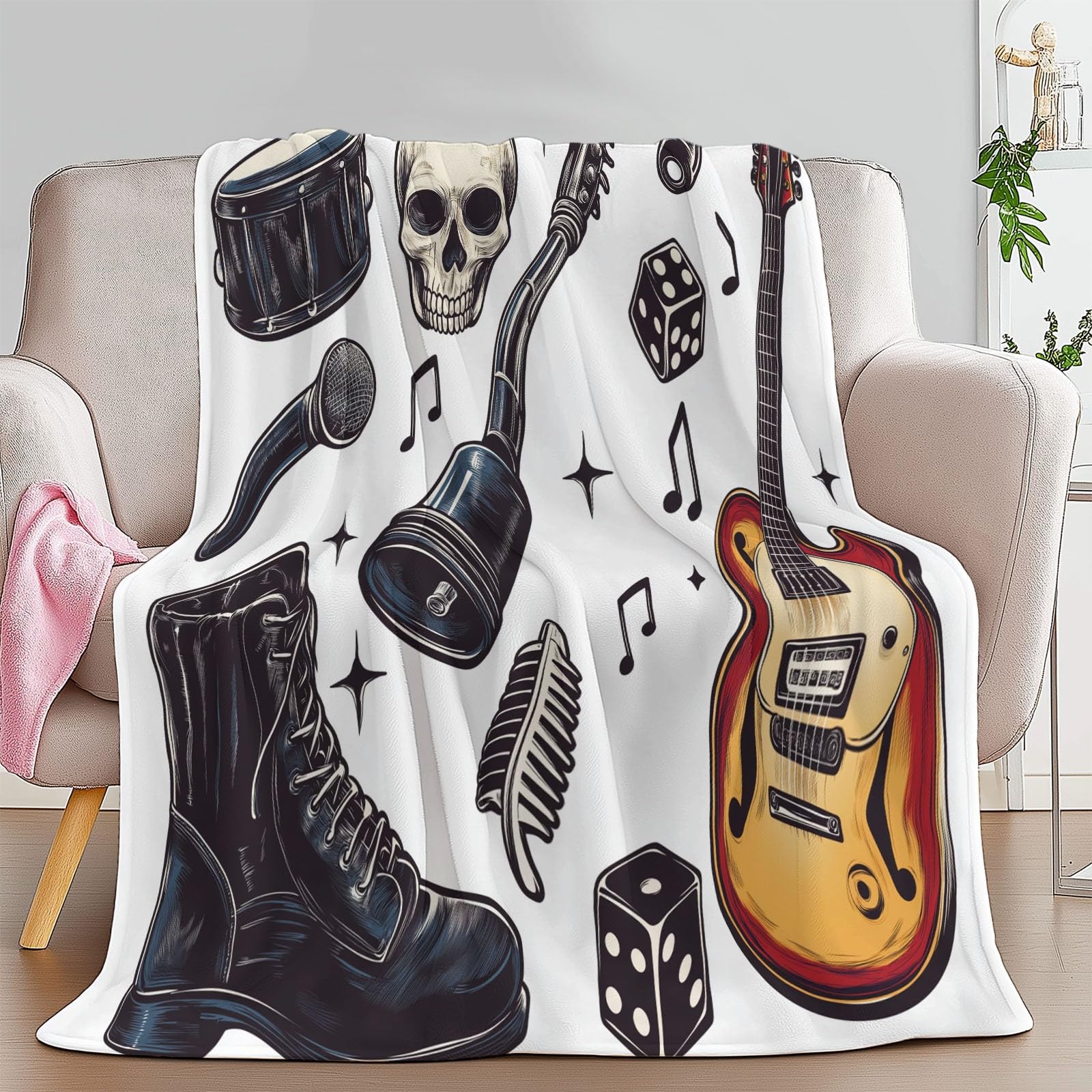 Flanelowy koc Element rockowy Mikrofon gitarowy 150 x 200 cm Koce polarowe z mikrofibry Polar Na wszystkie pory roku Sofa Podróżna Sofa dla dzieci Dorośli, Biały