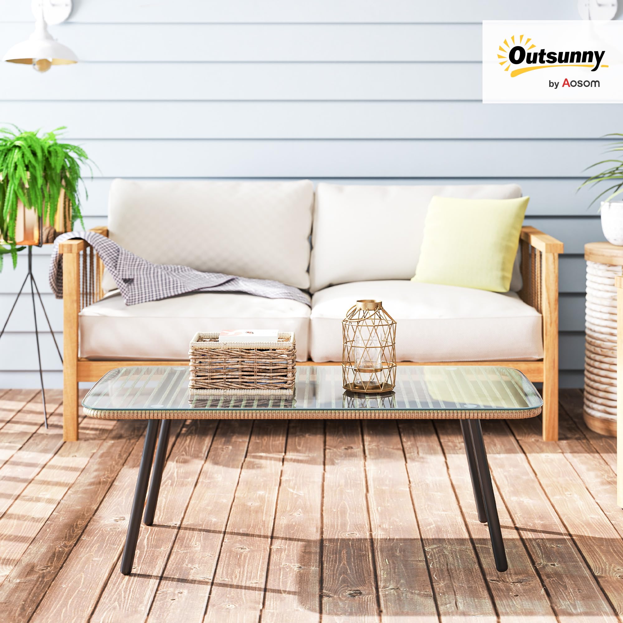 Outsunny Table Basse de Jardin en résine tressée avec Plateau en Verre trempé 5 mm, Table d'appoint pour terrasse, Patio, Balcon, extérieur, Cadre en Acier 110 x 60 x 40 cm, Aspect Bois Naturel