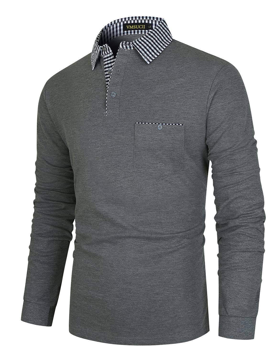 VMSUCIJMen's Polo Long Sleeve Denim Patchwork Collar Cotton Golf T-Shirt with Real Pocket