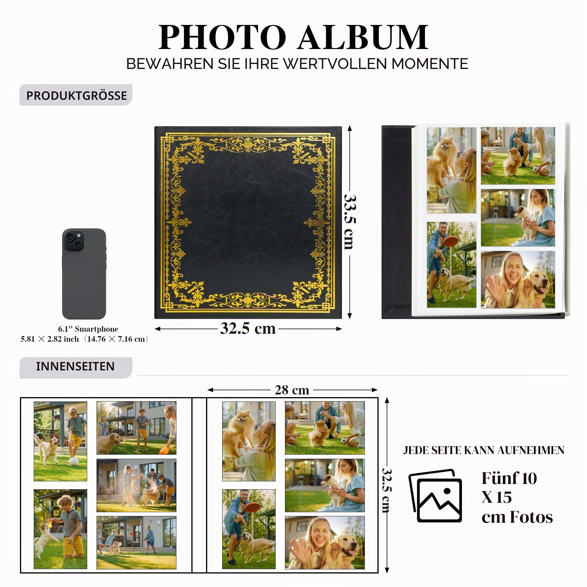 Vienrose Selbstklebendes Fotoalbum 60 Seiten 32,5x33,5 cm, Schwarz | Fotoalbum zum Selbstgestalten, Vintage Erinnerungsalbum, Kunstleder DIY Album, Familienfotos Hochzeit
