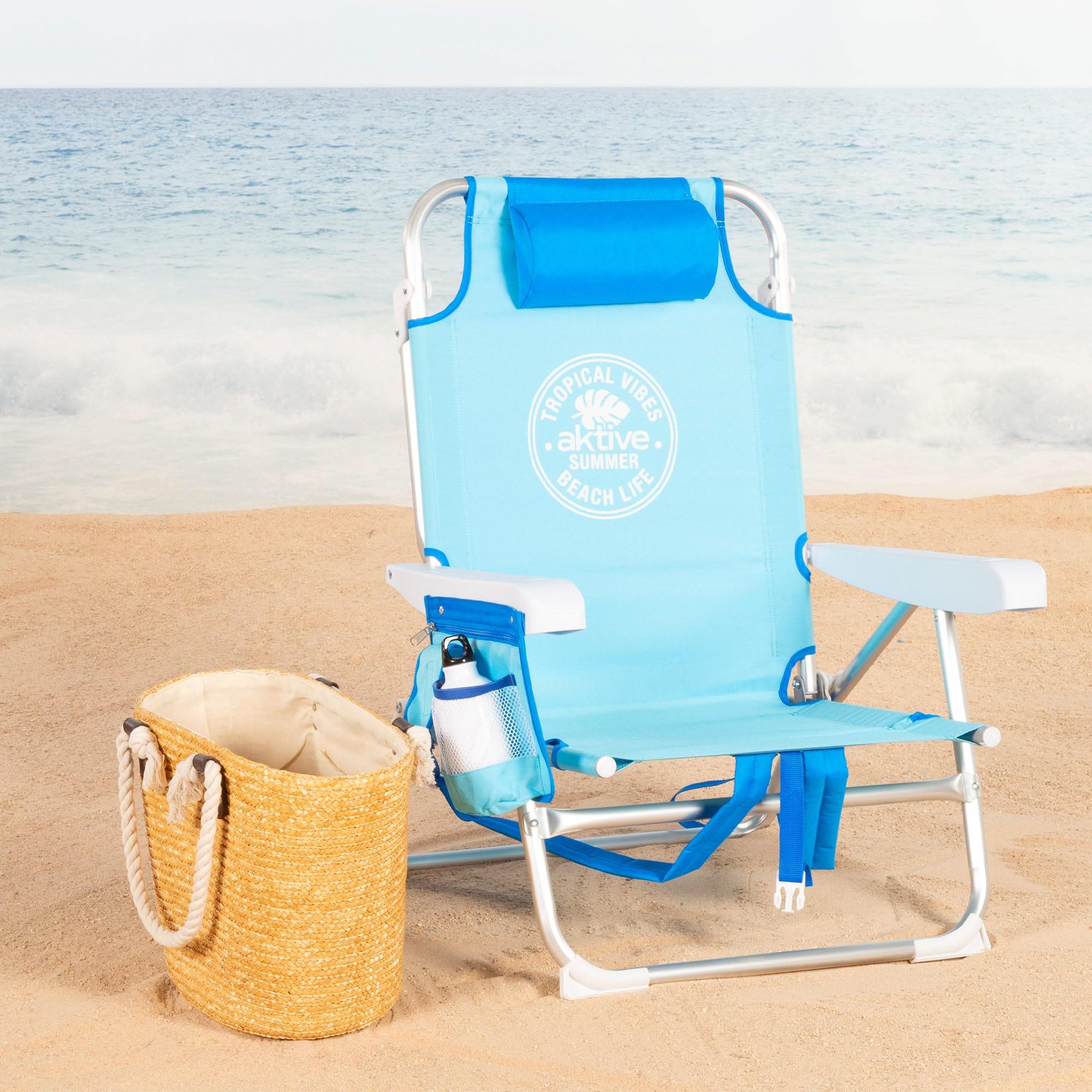 AKTIVE Silla de playa con mochila, 50x54x80 cm, Silla de playa multiposición, Silla plegable, hasta 110 kg, Azul, 5 posiciones, Convertible en tumbona (62510)