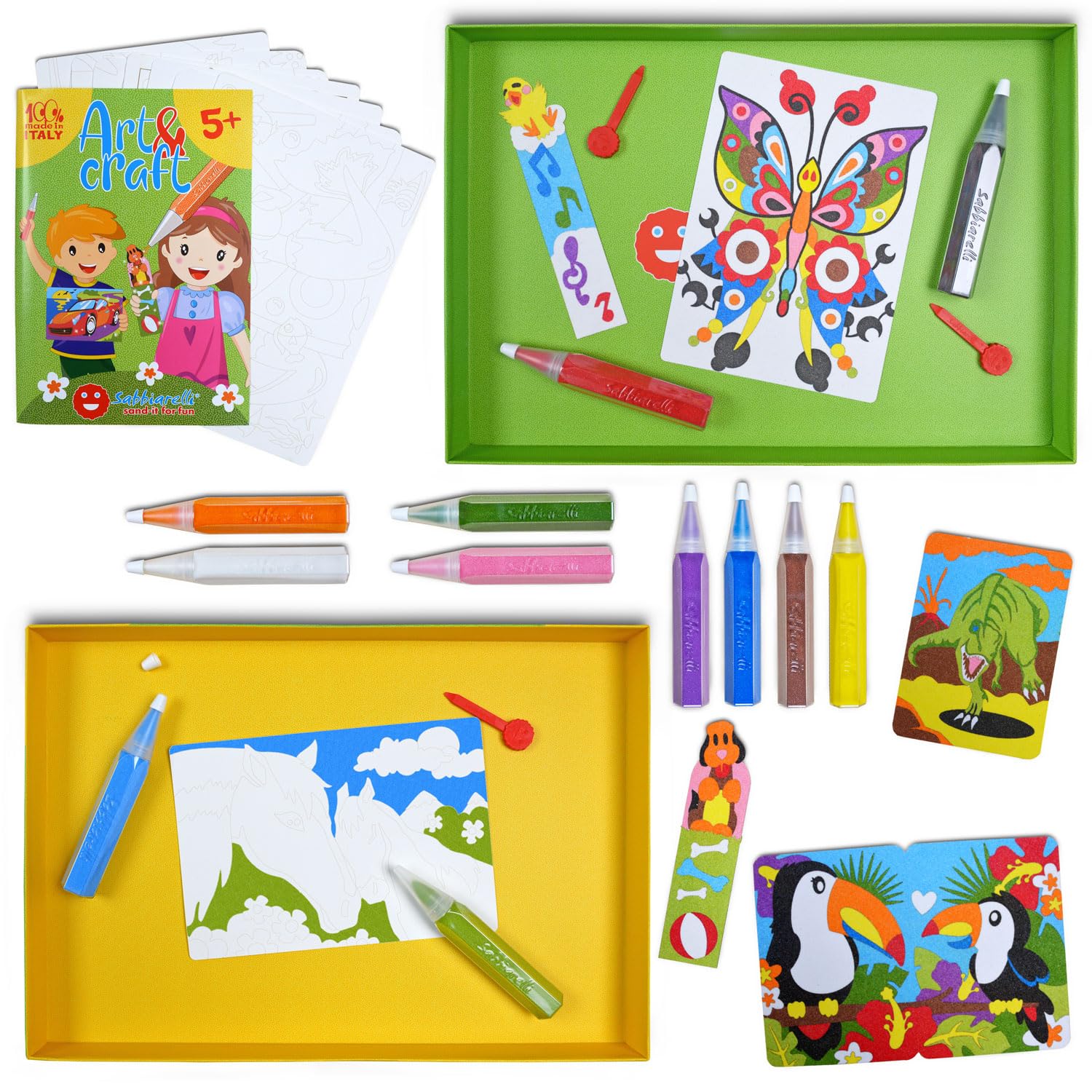 Sabbiarelli – Maxi Kit Art&Craft 5+ | Set de Sand Art con Motivos Variados | Dibujos y Láminas, Arena de Colores y 4 Espátulas | 100% Made in Italy | Niños 5-12 años