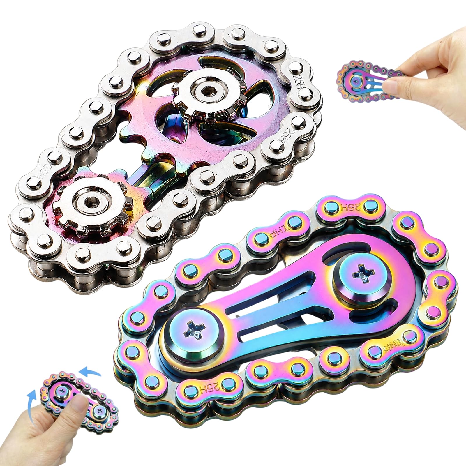 2-Piece Bike Chain Fidget Toy Set - Metal Fidget Toys,Mechanical Bicycle Chain Spinner for Adults and Teens, Finger Dexterity and Stress Relief Desk Gadget