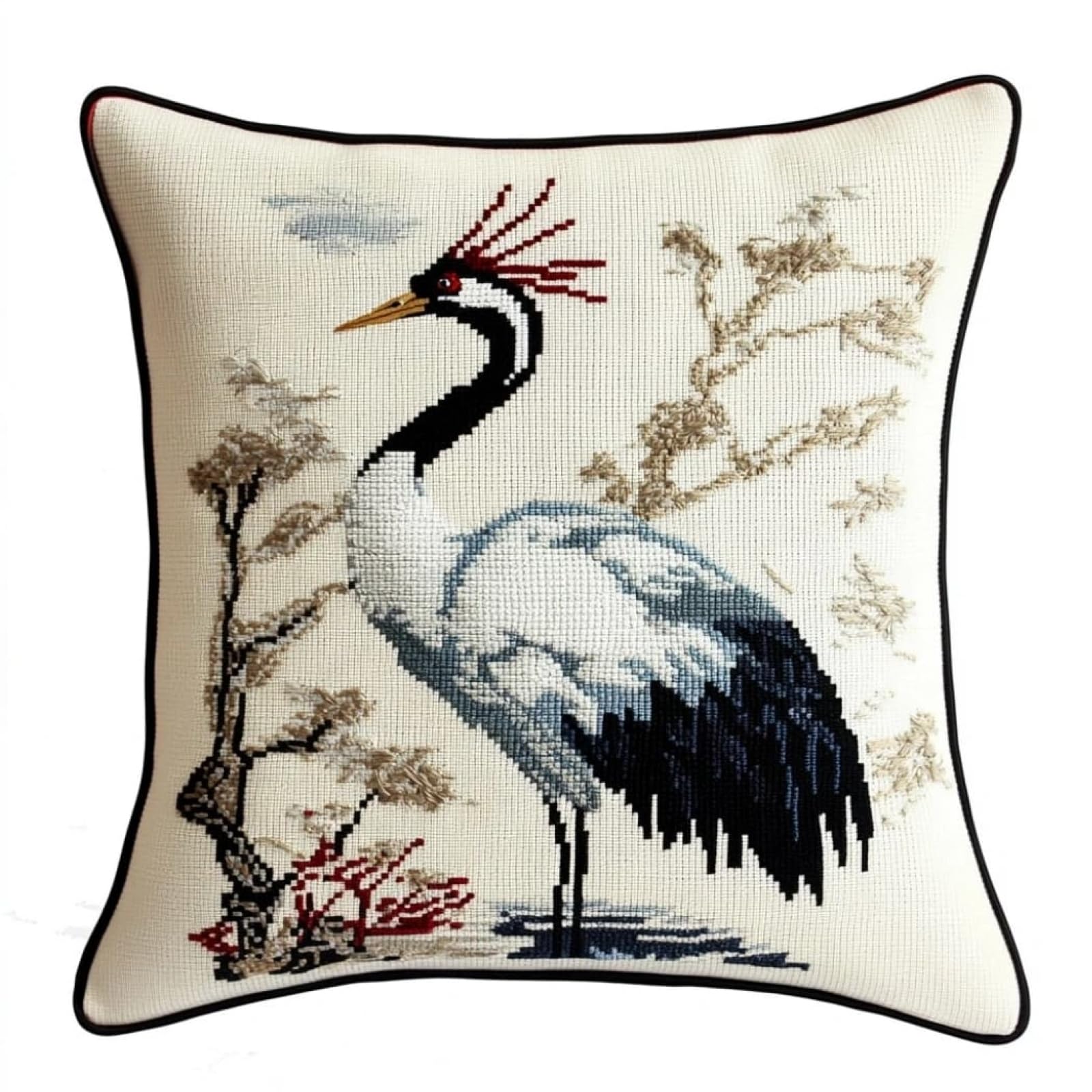WallustrioaW Cross Stitch Kits Cushion Throw Pillow,red-Crowned Crane Needlework Kit for Adult Beginners 11ct Set Decoration Embroidery Pillow Case 18x18in