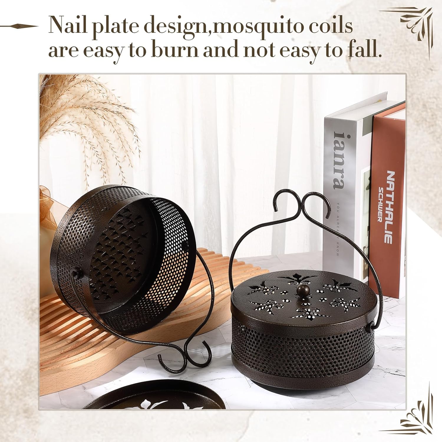 Therwen 6 Pcs Iron Mosquito Coil Holder with Handle Retro Portable Coil Holder Round Fireproof Incense Holder Hanging Incense Burner for Indoor Outdoor Home and Camping (Bronze)