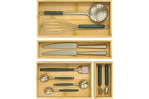 Multi-Purpose Silverware Drawer Makeup Organizer: 4-Piece Bamboo Organizer for Kitchen, Bathroom, Office, and Makeup