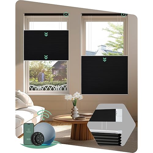 Yoolax Smart Top Down Bottom Up Cellular Shades Compatible with Alexa Google Motorized Cordless Honeycomb Blinds for Indoor Windows Custom Size TDBU Shades (Blackout Black)