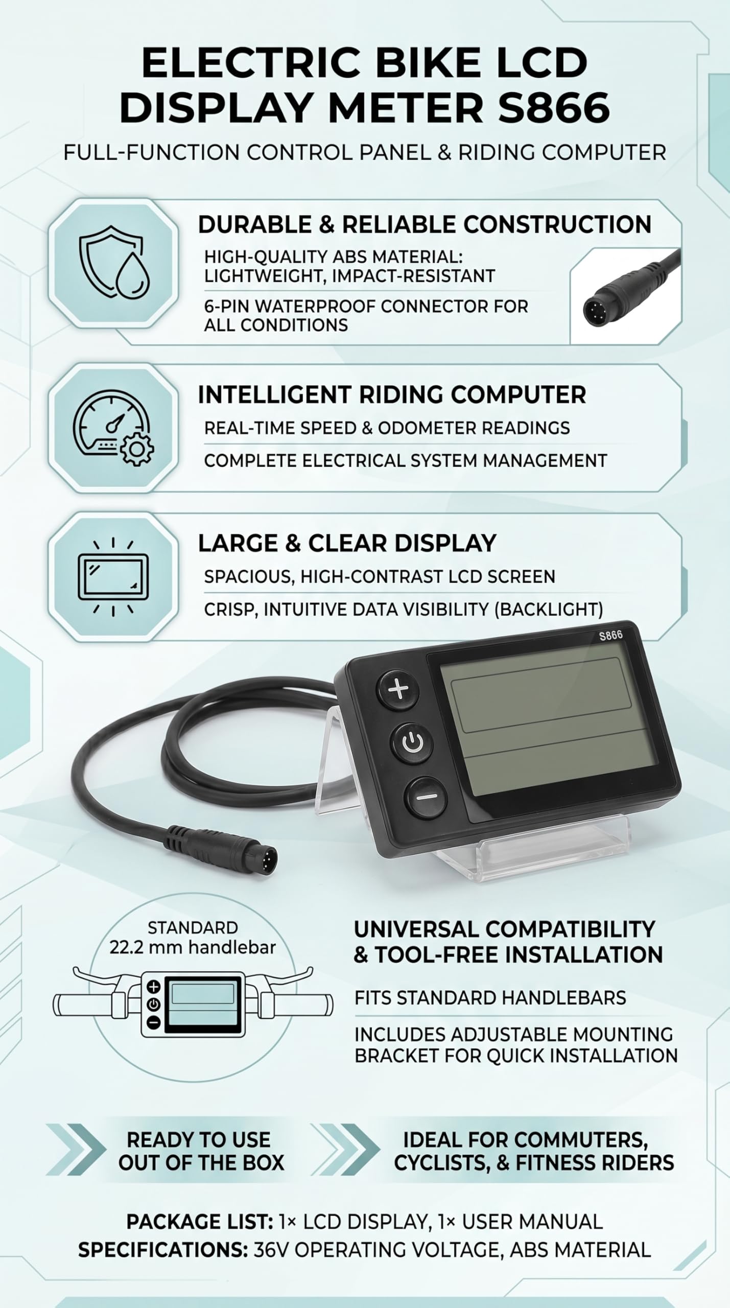 Écran LCD S866 ABS pour vélo électrique avec connecteur étanche à 6 broches pour modification de scooter