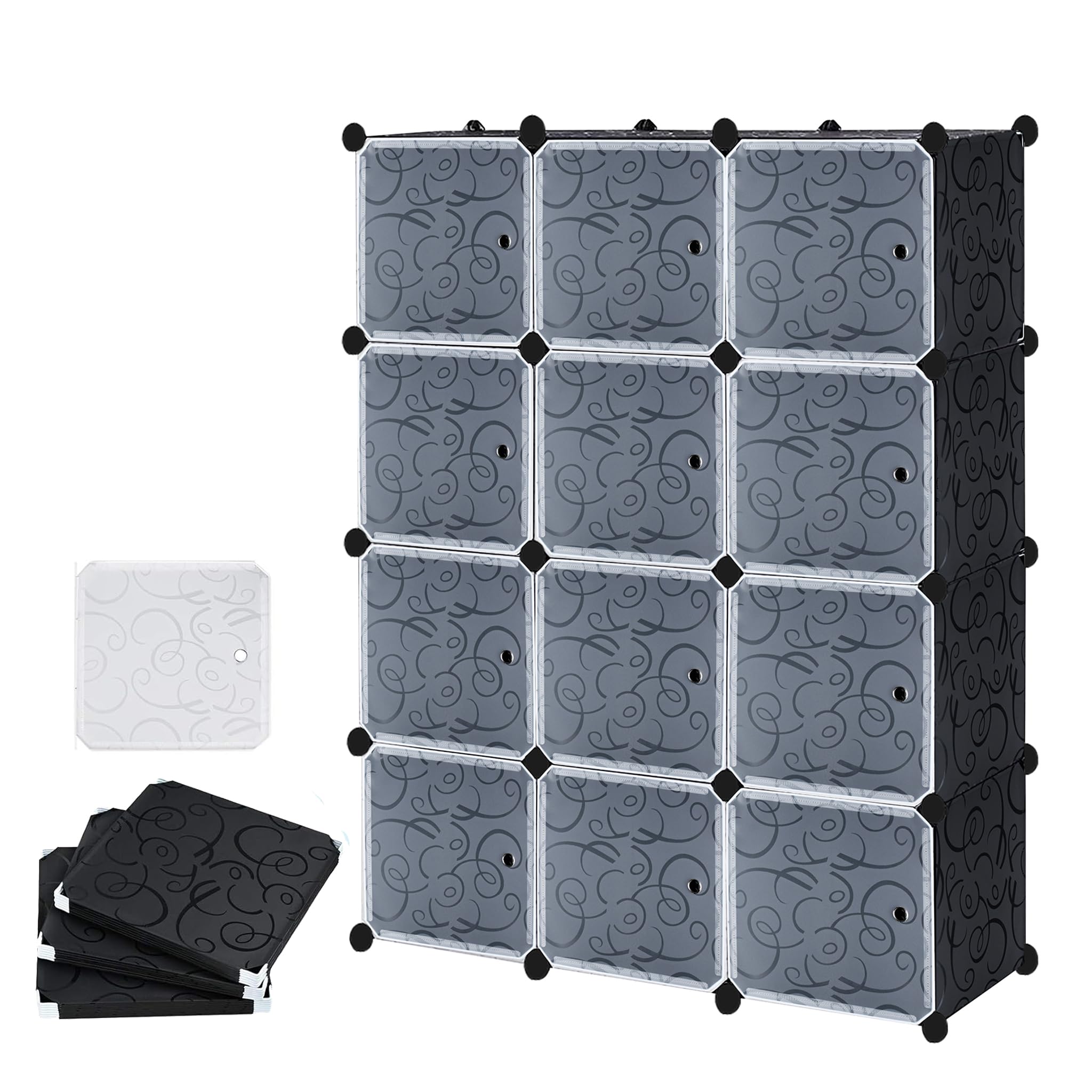 Système d'étagères DIY avec portes, étagère enfichable, armoire en plastique PP, rangement modulaire pour vêtements, chaussures, livres, avec 12 cubes