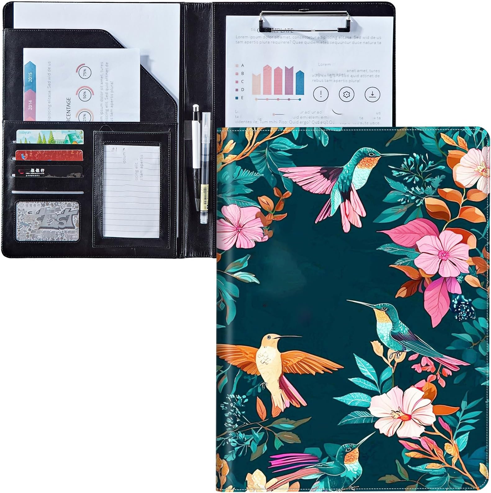 Padfolio Clipboard Folder Portfolio Notepad Organizer, PU Leather Interview Resume Folder,with Business Card Holder/Letter A4 and Writing Pad/Mobile Phone Storage Pocket,Hummingbird Red Flower