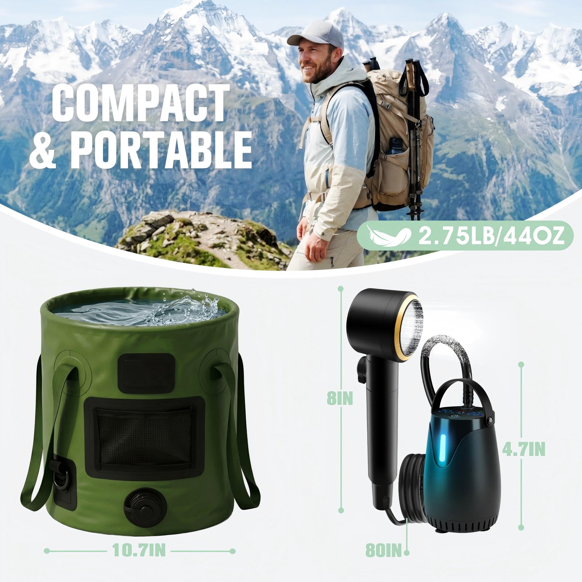 Doccia portatile per campeggio, 8000 mAh, ricaricabile, portatile, con secchio pieghevole da 6,6 galloni, 5 velocità e display a LED, kit di risciacquo, portatile, per campeggio, viaggi, escursionismo