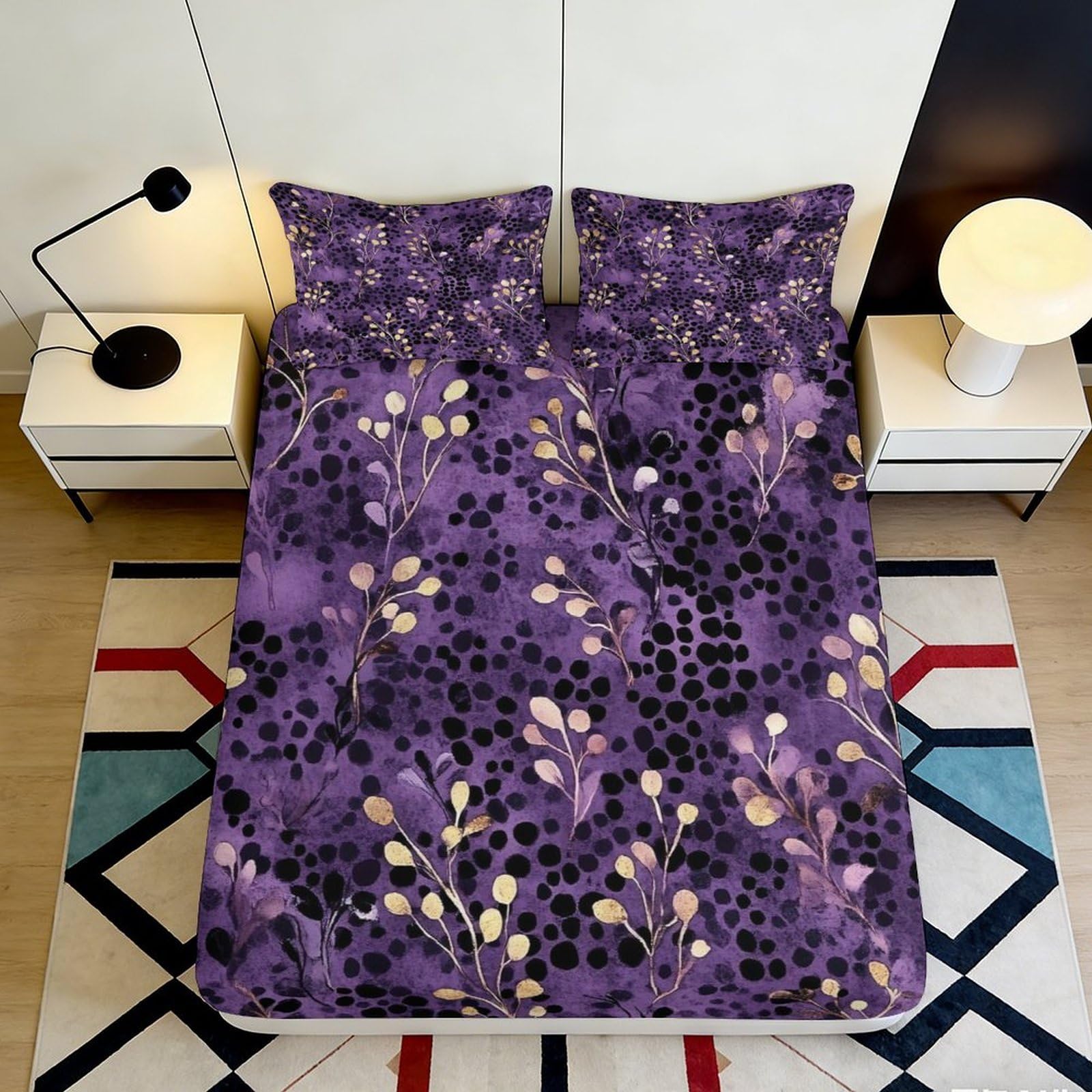 3D Printed Purple Botanical Fitted Sheet Microfiber Soft Floral Mattress Cover for Bedroom Guest Room Decor 120x200x25cm