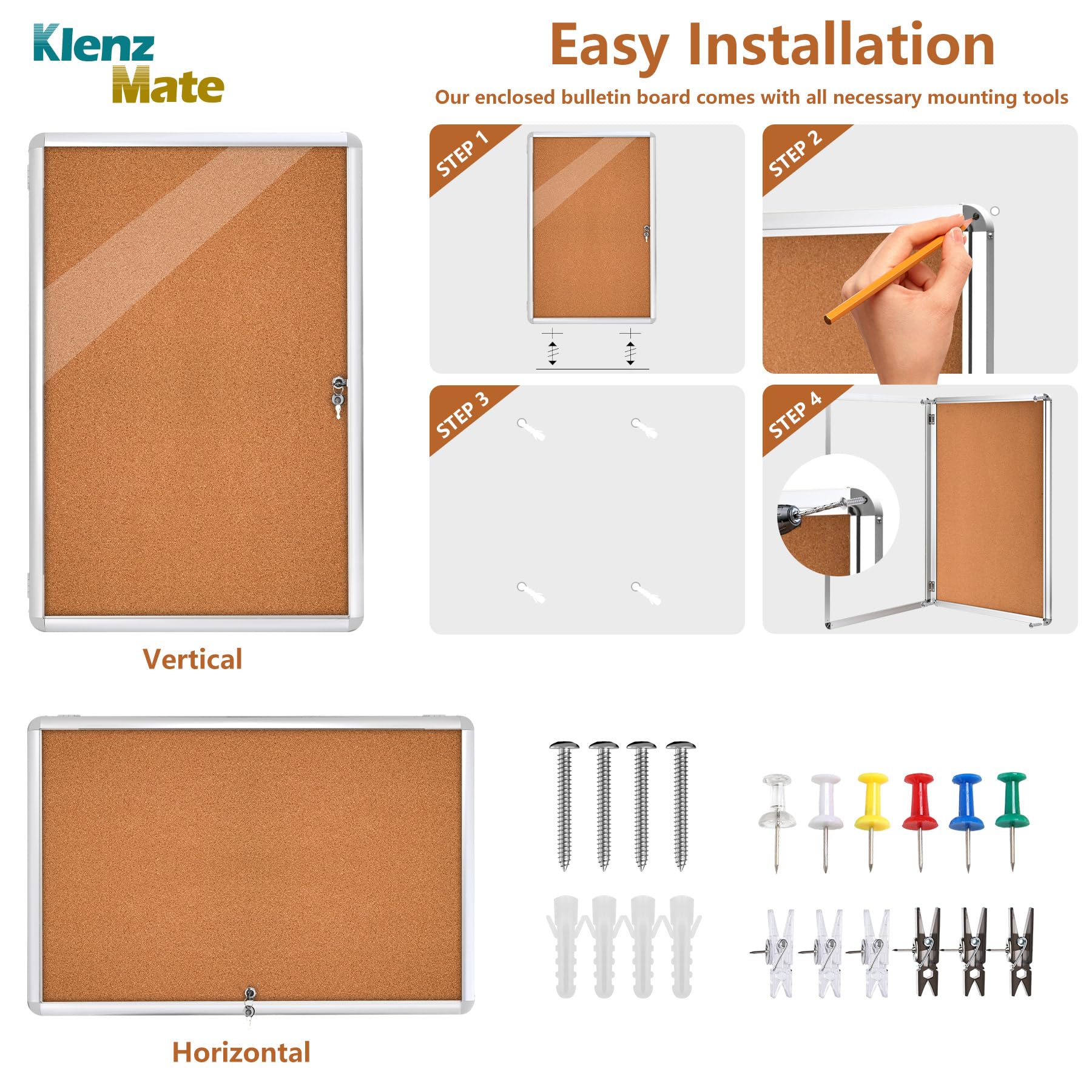 Tablero de anuncios de corcho cerrado de 36 x 24 pulgadas, a prueba de manipulaciones, tela marrón y marco de aluminio, tablero de anuncios con cerradura resistente a roturas con puerta acrílica