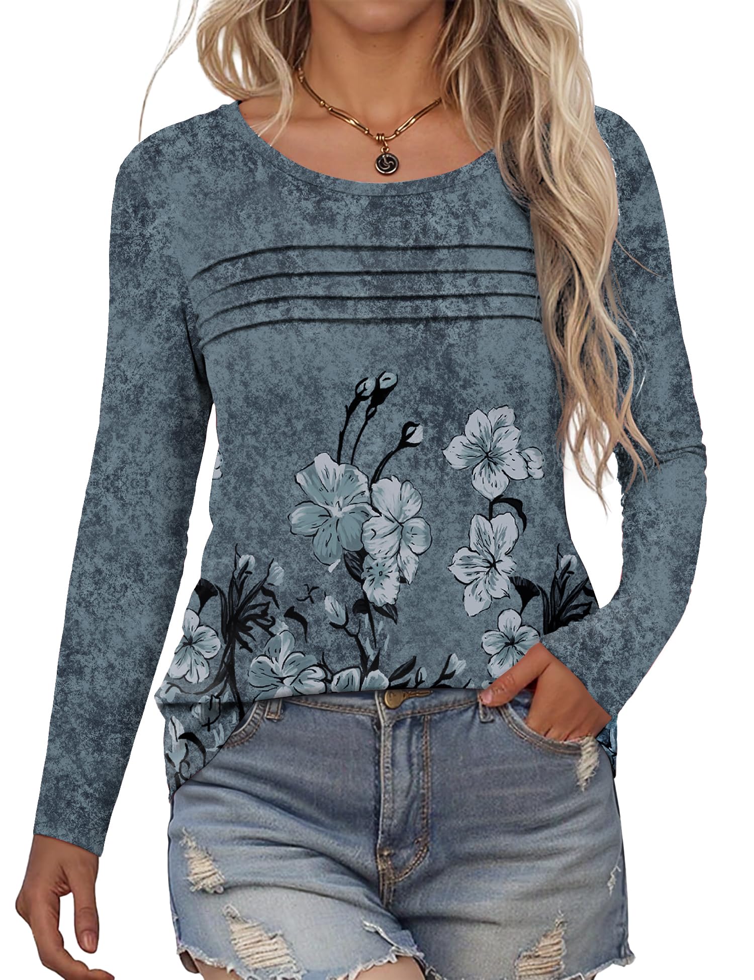 Rapbin Langarmshirt Damen Rundhals Pullover Herbst Winter Falten Sweatshirt Lässig Bluse Elegant Locker Oberteil Blumen Tunika Shirts