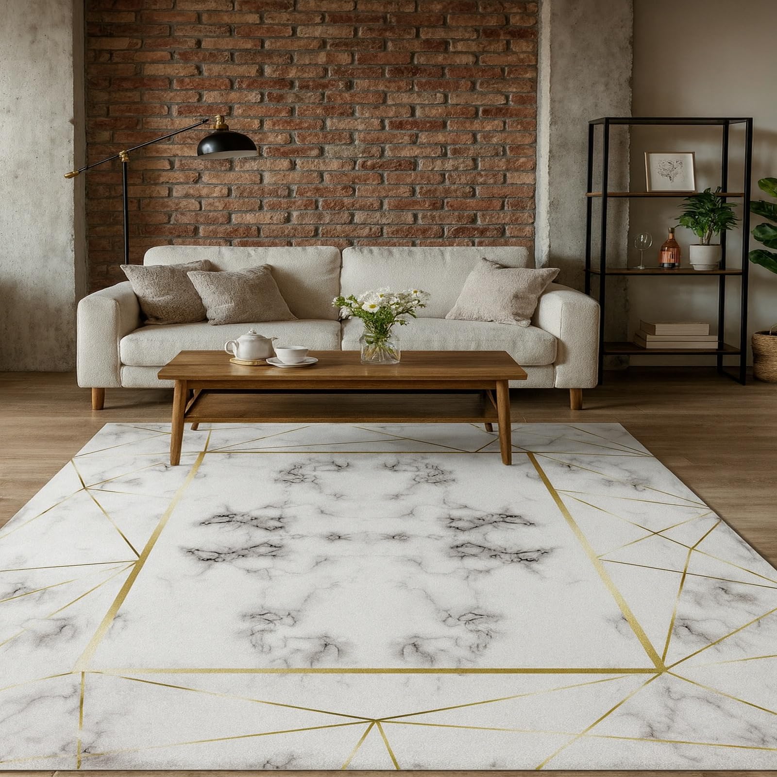 Tapis grande taille géométrique blanc antidérapant pour salon moderne