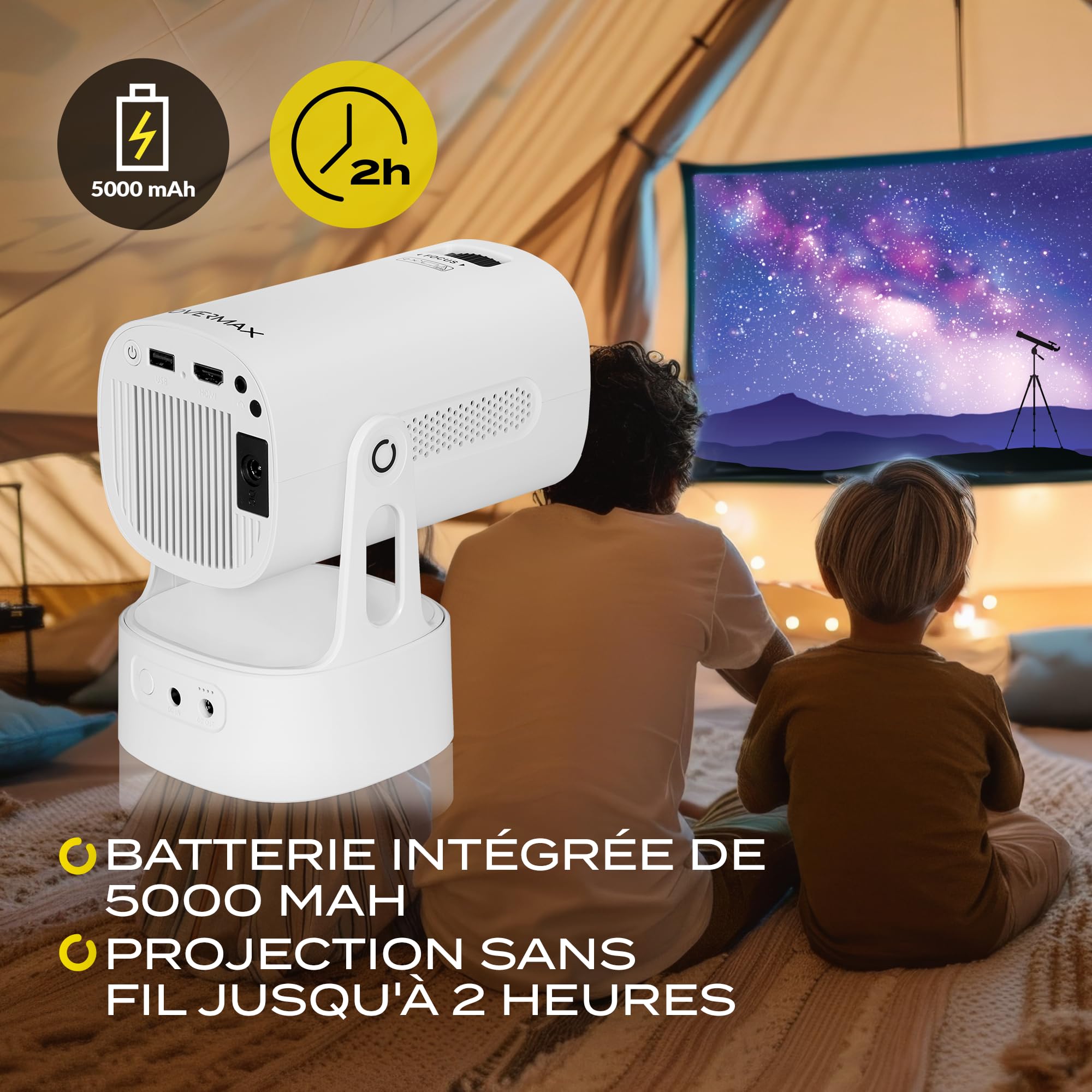 OVERMAX MULTIPIC EZ Mini Projecteur 4K FullHD avec Batterie Amovible, Correction Keystone, Image Jusqu'à 200", Wi-FI Bluetooth 5.3, 2000 Lumen 120 ANSI, Projecteur Étoile, Télécommande, Android 9.0