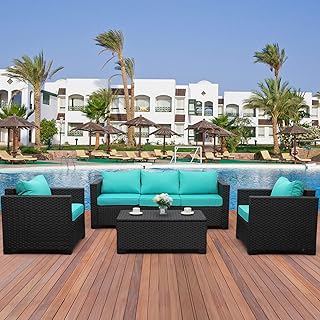 4 Pieces Patio PE Wicker Furniture Set Resin Rattan Outdoor Conversation Sofa Sets Sectional Couch with Table and Turquois...