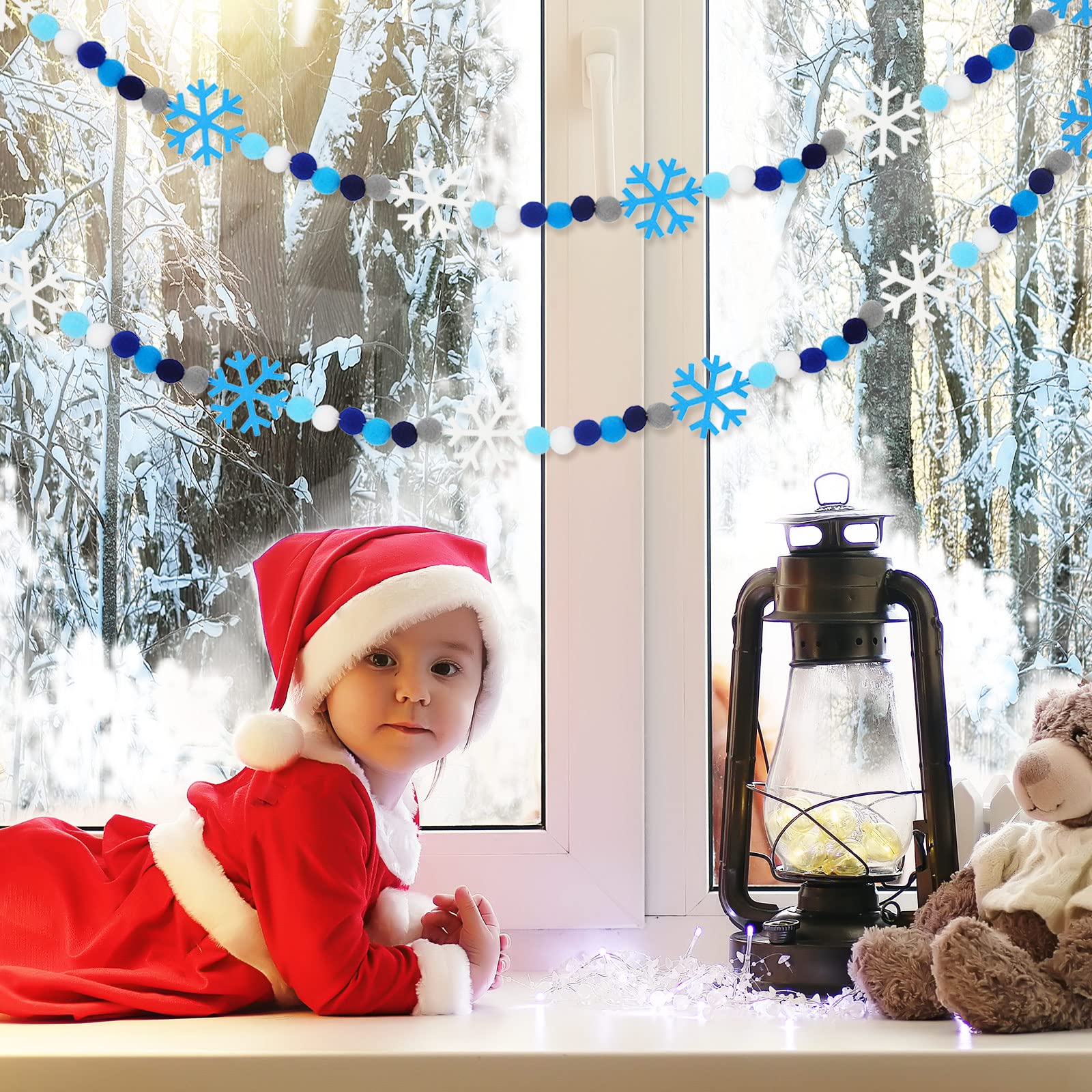 8.2ft Christmas Felt Ball Garland - Snowflake Pom Pom Banner For Winter Holiday Decor