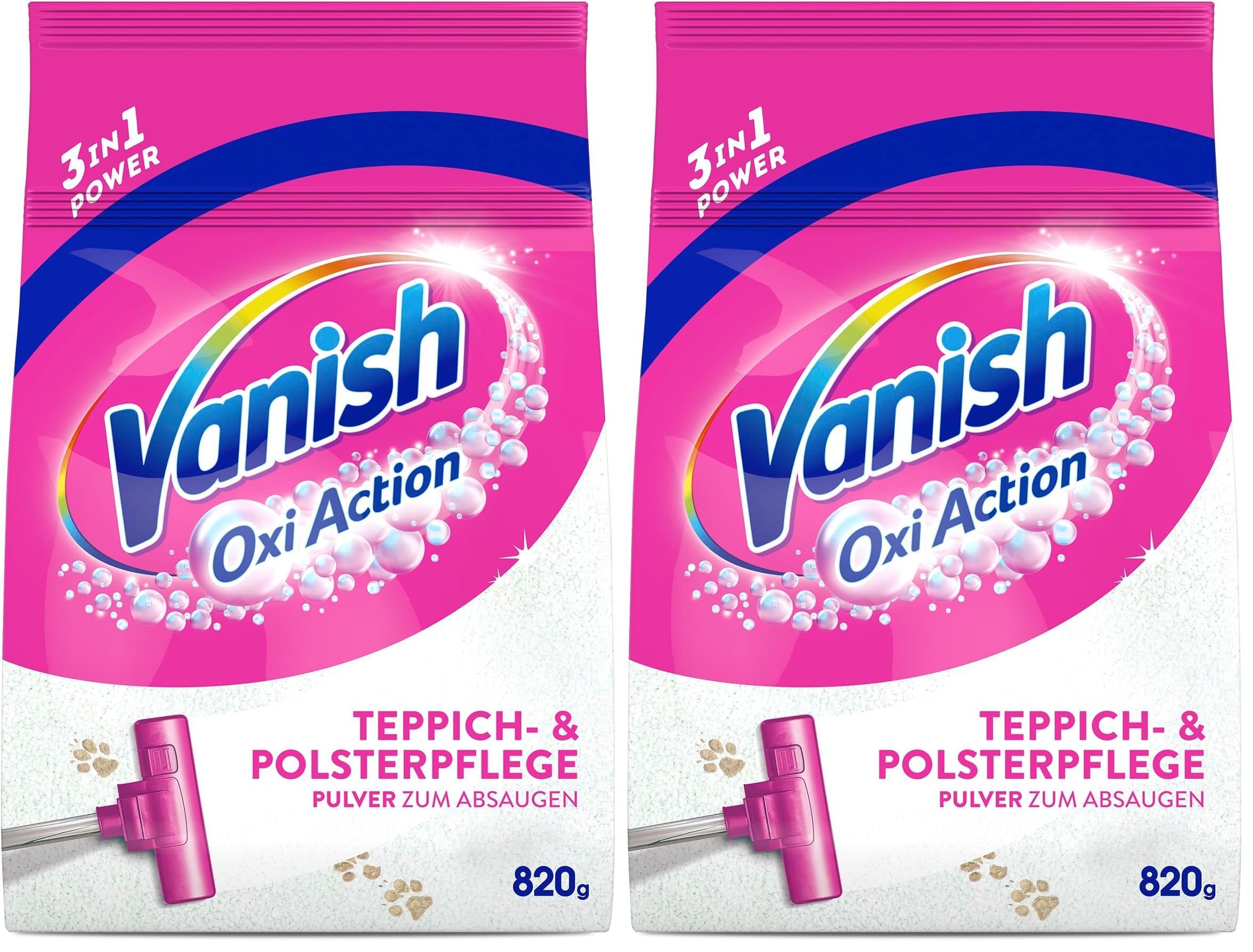 Vanish Oxi Action - Detergente per tappezzeria e moquette, in polvere, 1 x 820 g, grande superficie detergente per tappeti e tappezzeria contro sporco, cattivi odori e polvere (Confezione da 2)